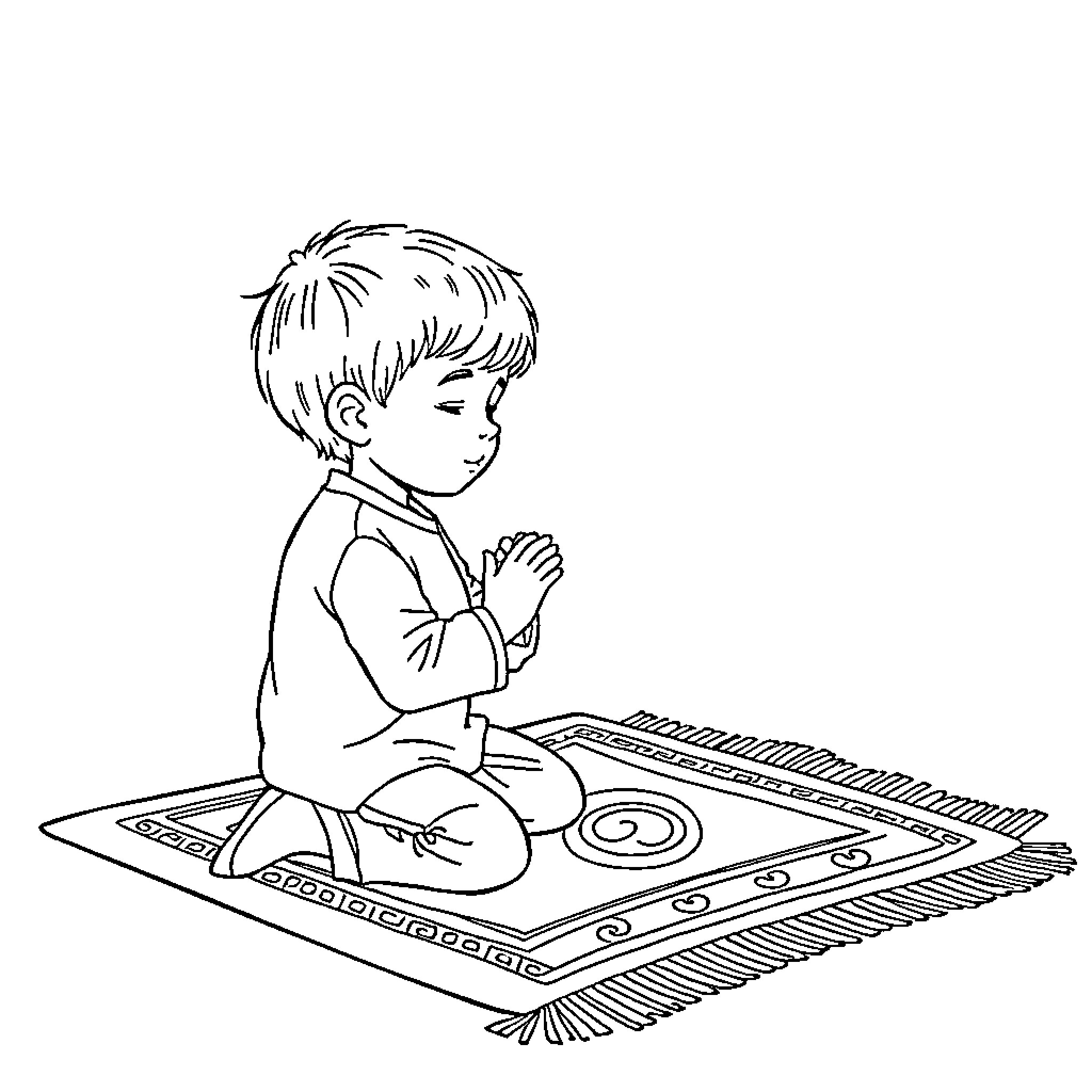 Kid sitting on patterned rug, focused on task Coloring Page (free black-and-white line drawing printable PDF for all, from beginners to advanced learners, including children, teens, adults, and seniors)