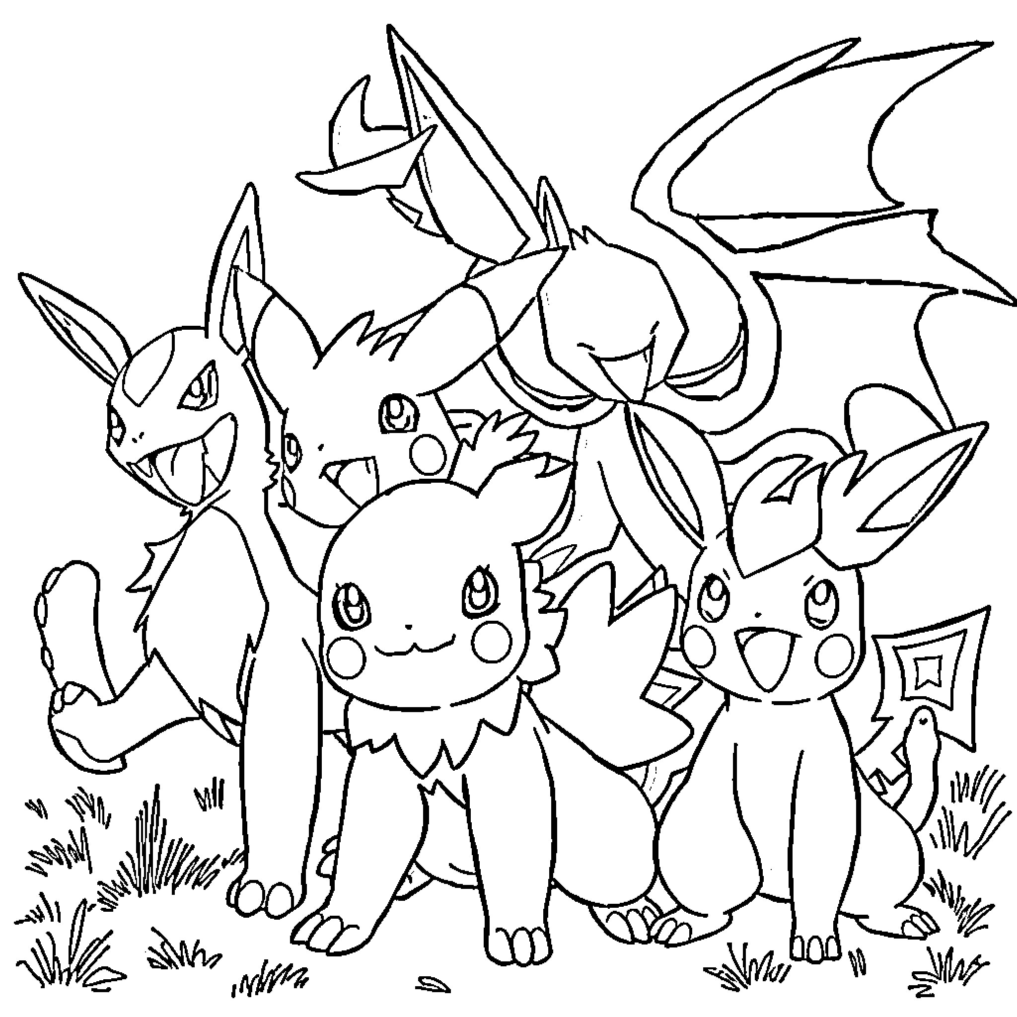 Pokémon characters in a playful scene Coloring Page (free black-and-white line drawing printable PDF for all, from beginners to advanced learners, including children, teens, adults, and seniors)