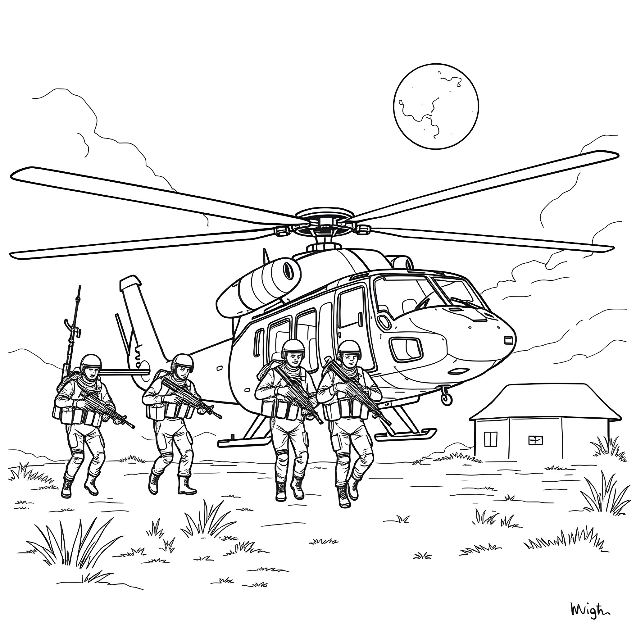 Seal soldiers landing from military helicopter Coloring Page (free black-and-white line drawing printable PDF for all, from beginners to advanced learners, including children, teens, adults, and seniors)