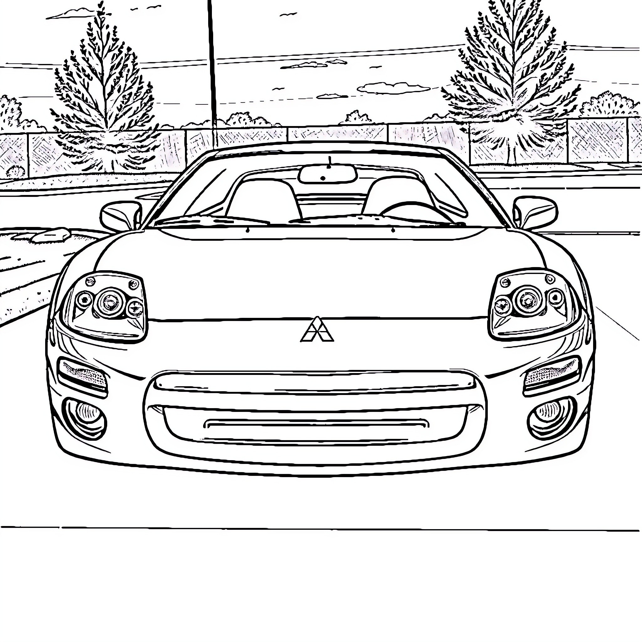 Mitsubishi Eclipse parked on a scenic road Coloring Page (free black-and-white line drawing printable PDF for all, from beginners to advanced learners, including children, teens, adults, and seniors)