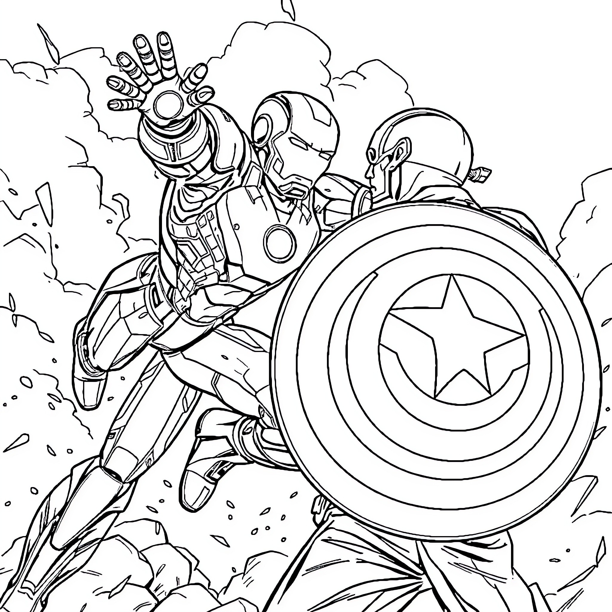Ironman Battles with Superhero Might Coloring Page (free black-and-white line drawing printable PDF for all, from beginners to advanced learners, including children, teens, adults, and seniors)