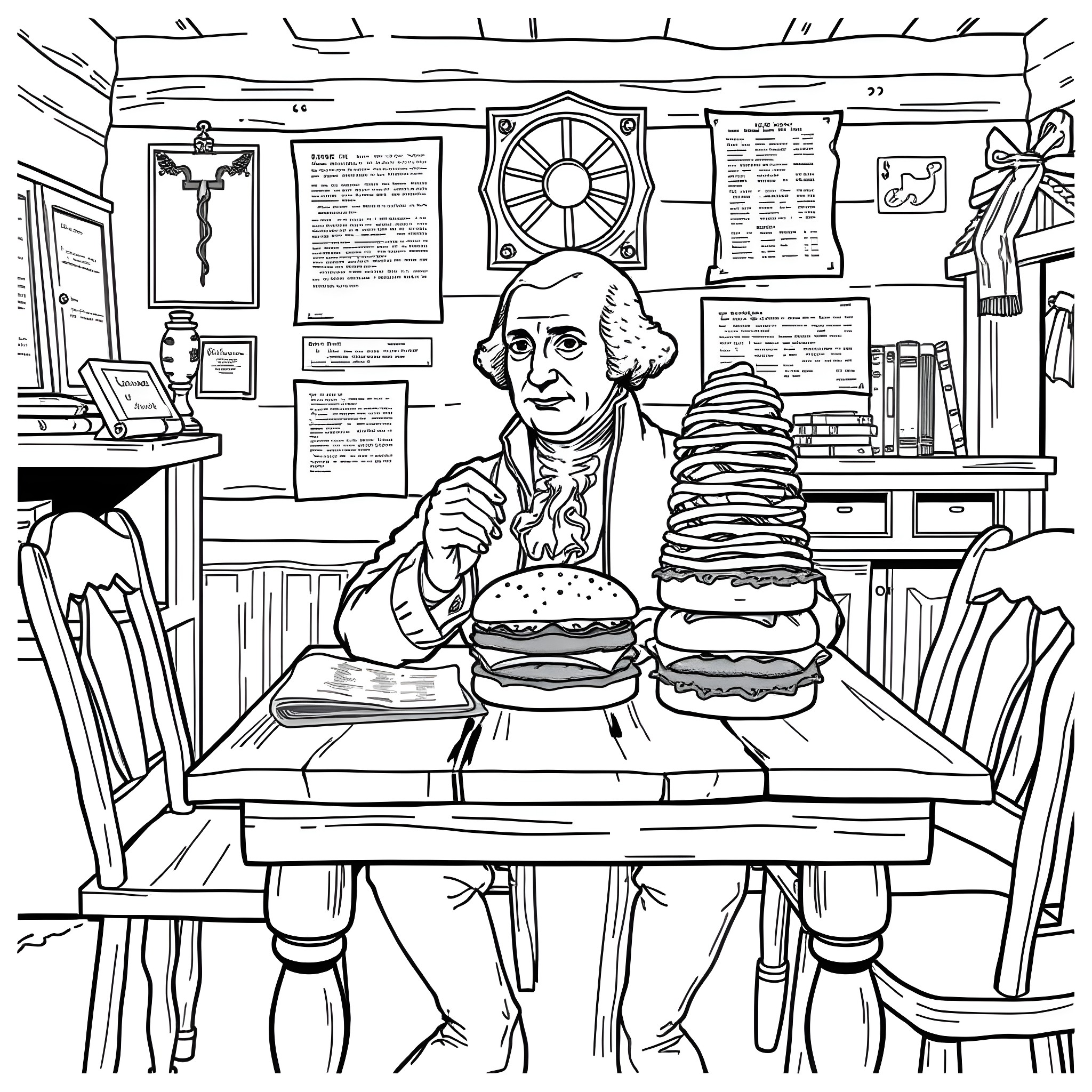George Washington enjoying a hearty meal of burgers and fries Coloring Page (free black-and-white line drawing printable PDF for all, from beginners to advanced learners, including children, teens, adults, and seniors)