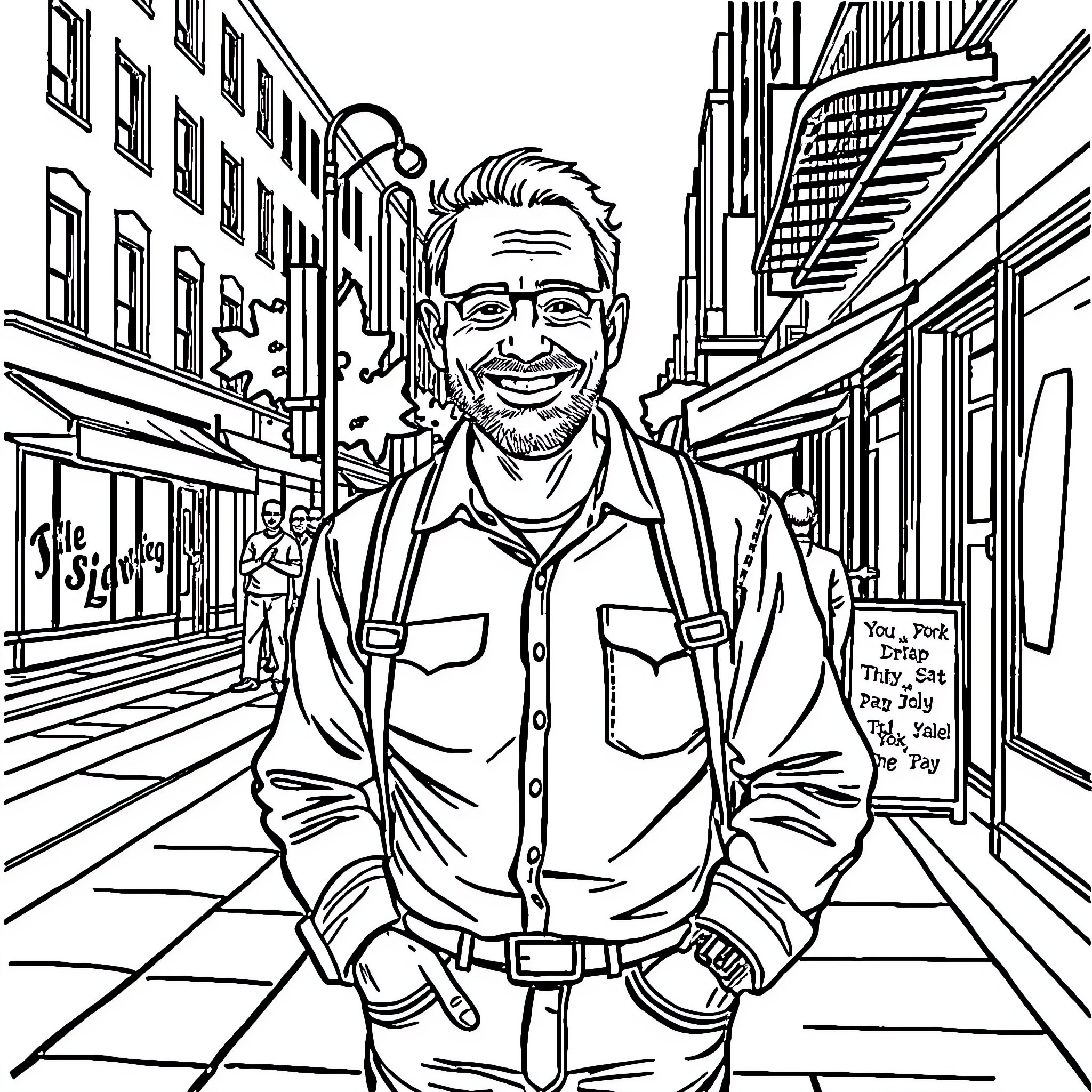Man smiling confidently in a city street Coloring Page (free black-and-white line drawing printable PDF for all, from beginners to advanced learners, including children, teens, adults, and seniors)