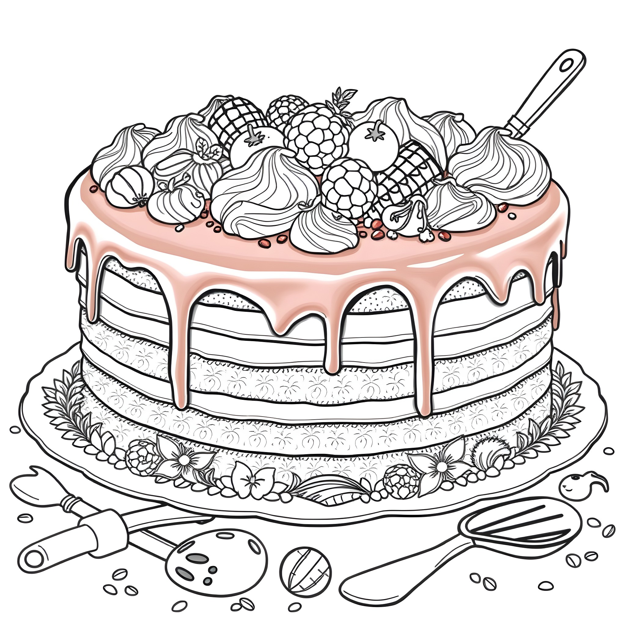 Chocolate Cake with Decorative Fruits and Utensils Coloring Page (free black-and-white line drawing printable PDF for all, from beginners to advanced learners, including children, teens, adults, and seniors)