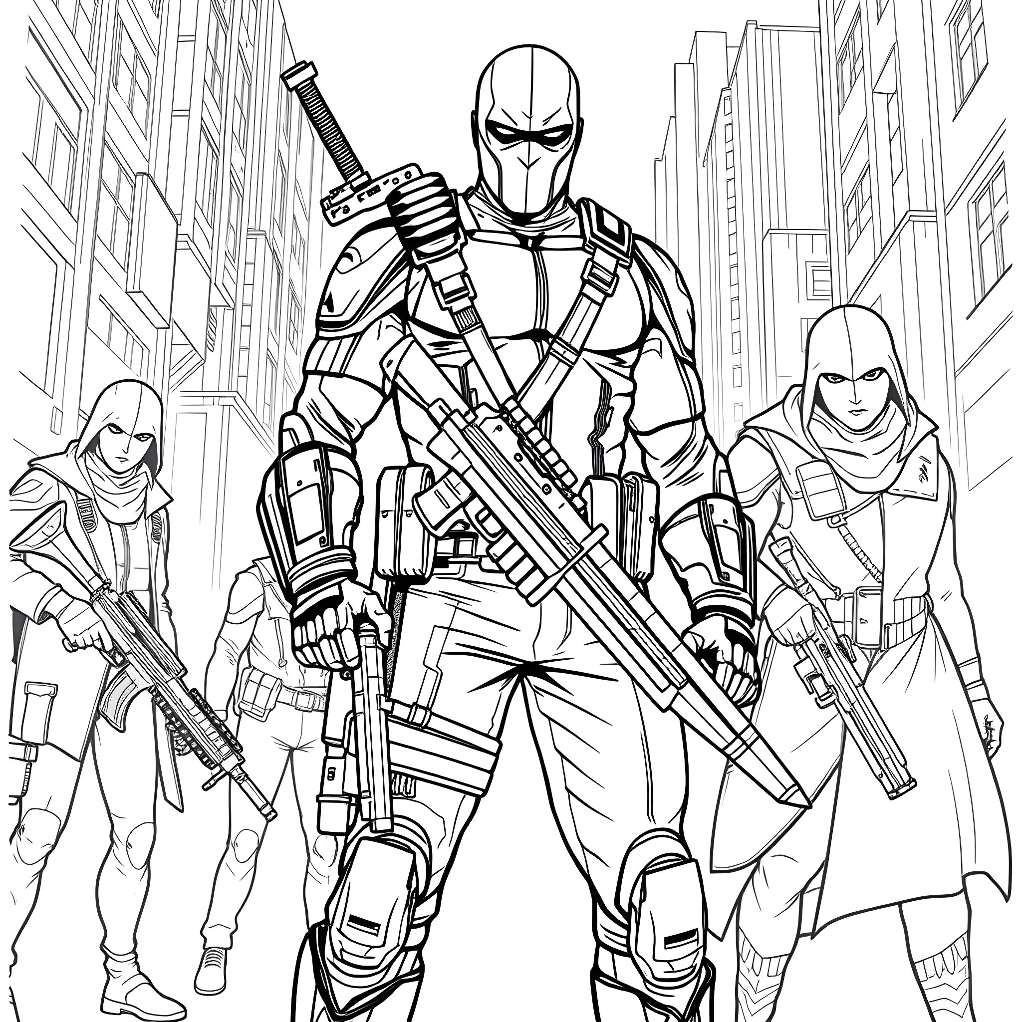 Deathstroke's Tactical Team in Action Coloring Page (free black-and-white line drawing printable PDF for all, from beginners to advanced learners, including children, teens, adults, and seniors)