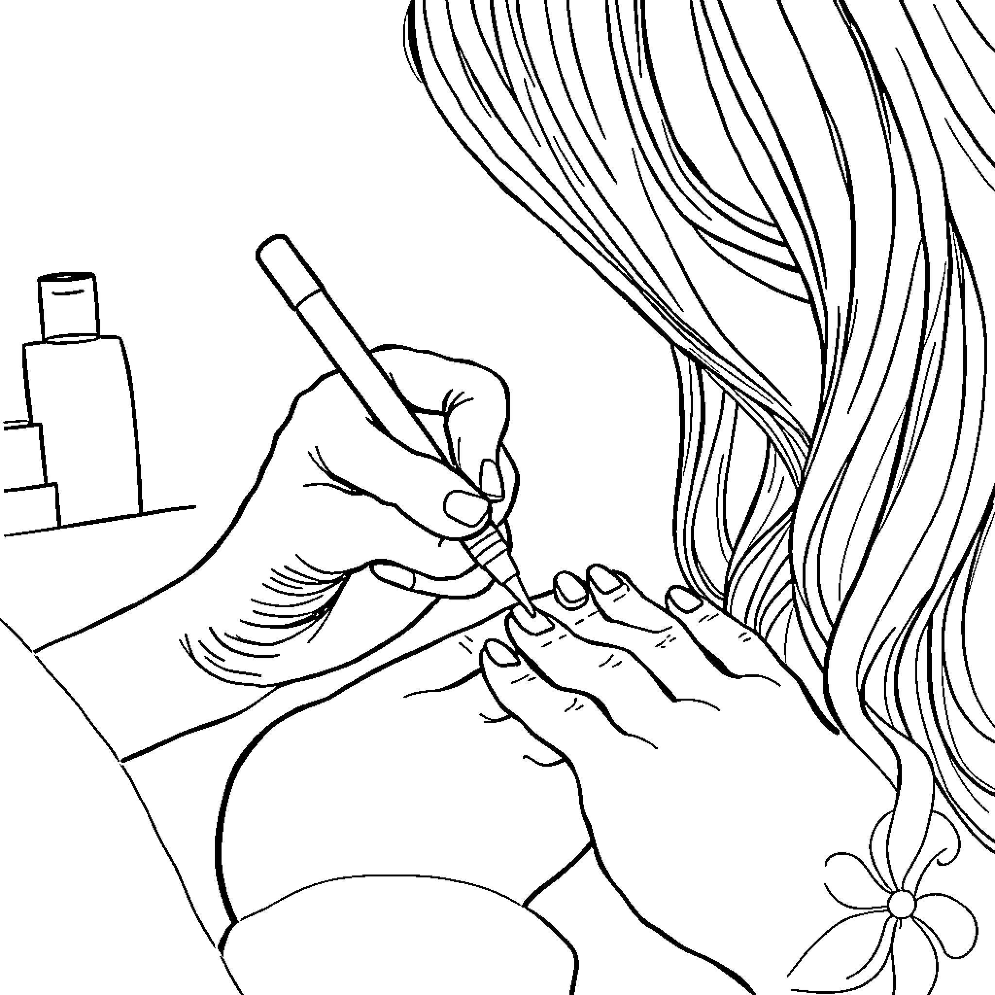 Nail Salon Pampering Session Coloring Page (free black-and-white line drawing printable PDF for all, from beginners to advanced learners, including children, teens, adults, and seniors)