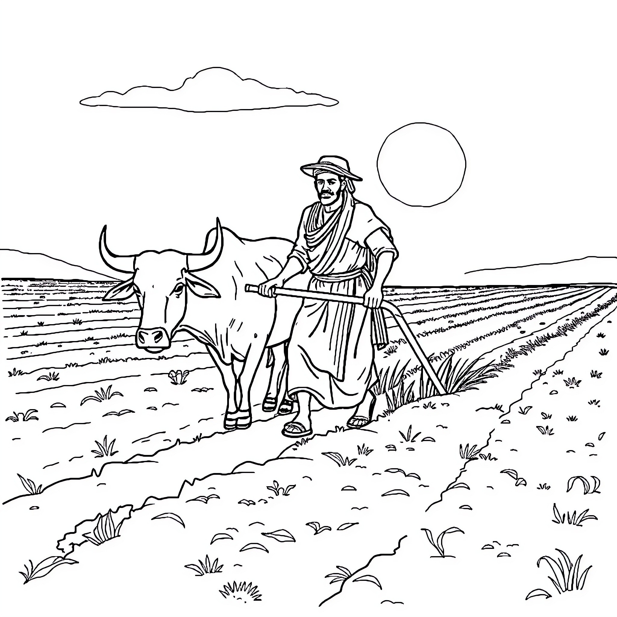 Man working in the fields with his ox Coloring Page (free black-and-white line drawing printable PDF for all, from beginners to advanced learners, including children, teens, adults, and seniors)