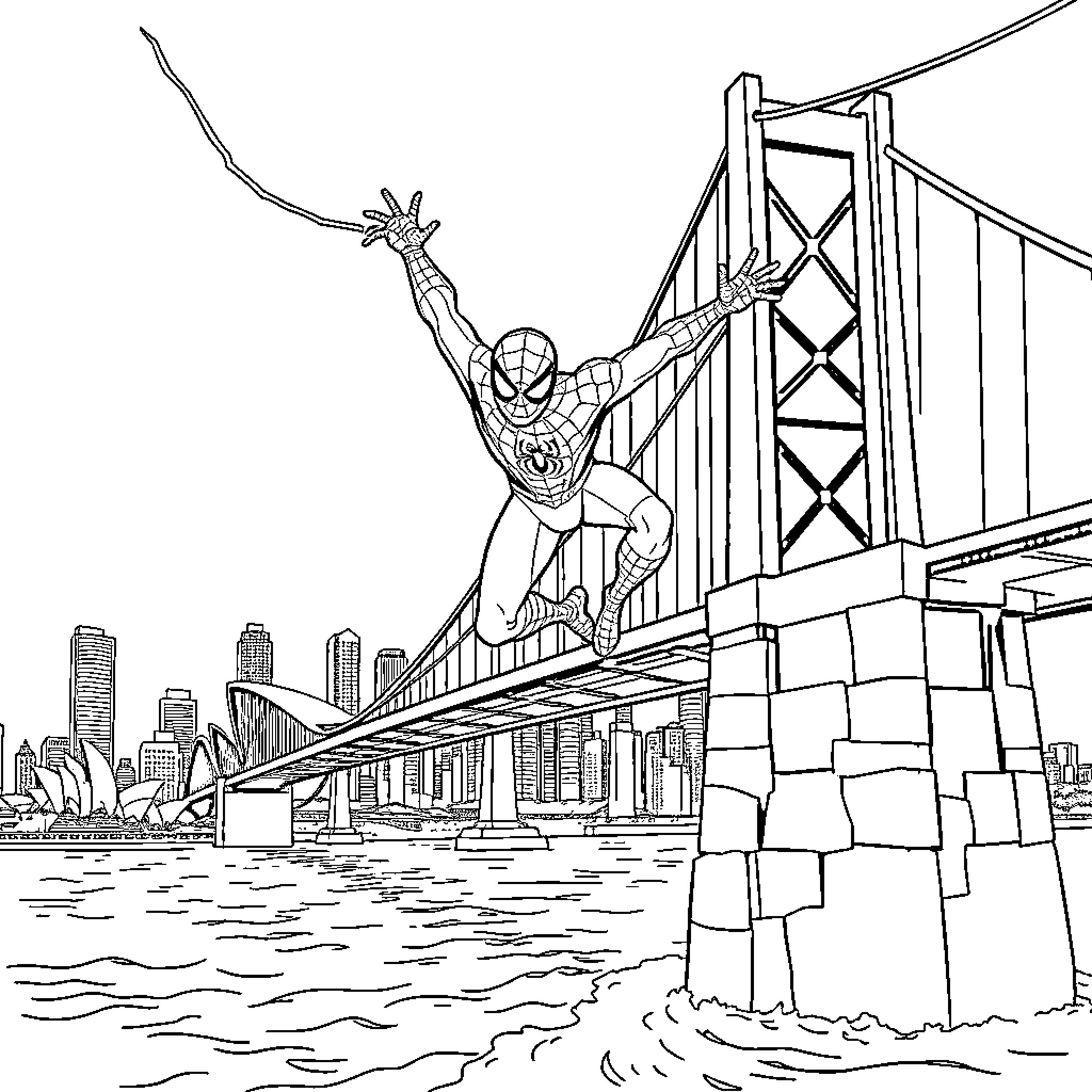 Spiderman swinging through the city skyline Coloring Page (free black-and-white line drawing printable PDF for all, from beginners to advanced learners, including children, teens, adults, and seniors)