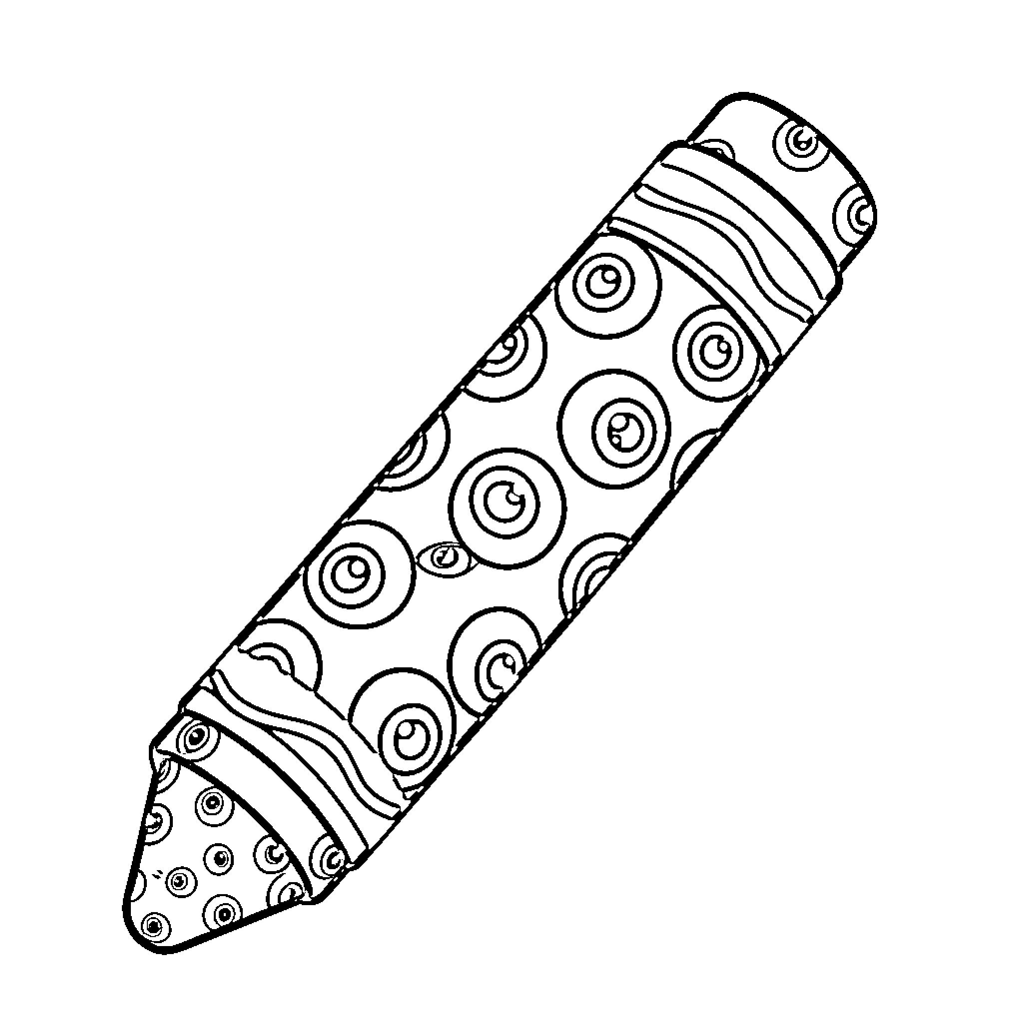 Pencil with decorative patterns and swirling circular designs Coloring Page (free black-and-white line drawing printable PDF for all, from beginners to advanced learners, including children, teens, adults, and seniors)
