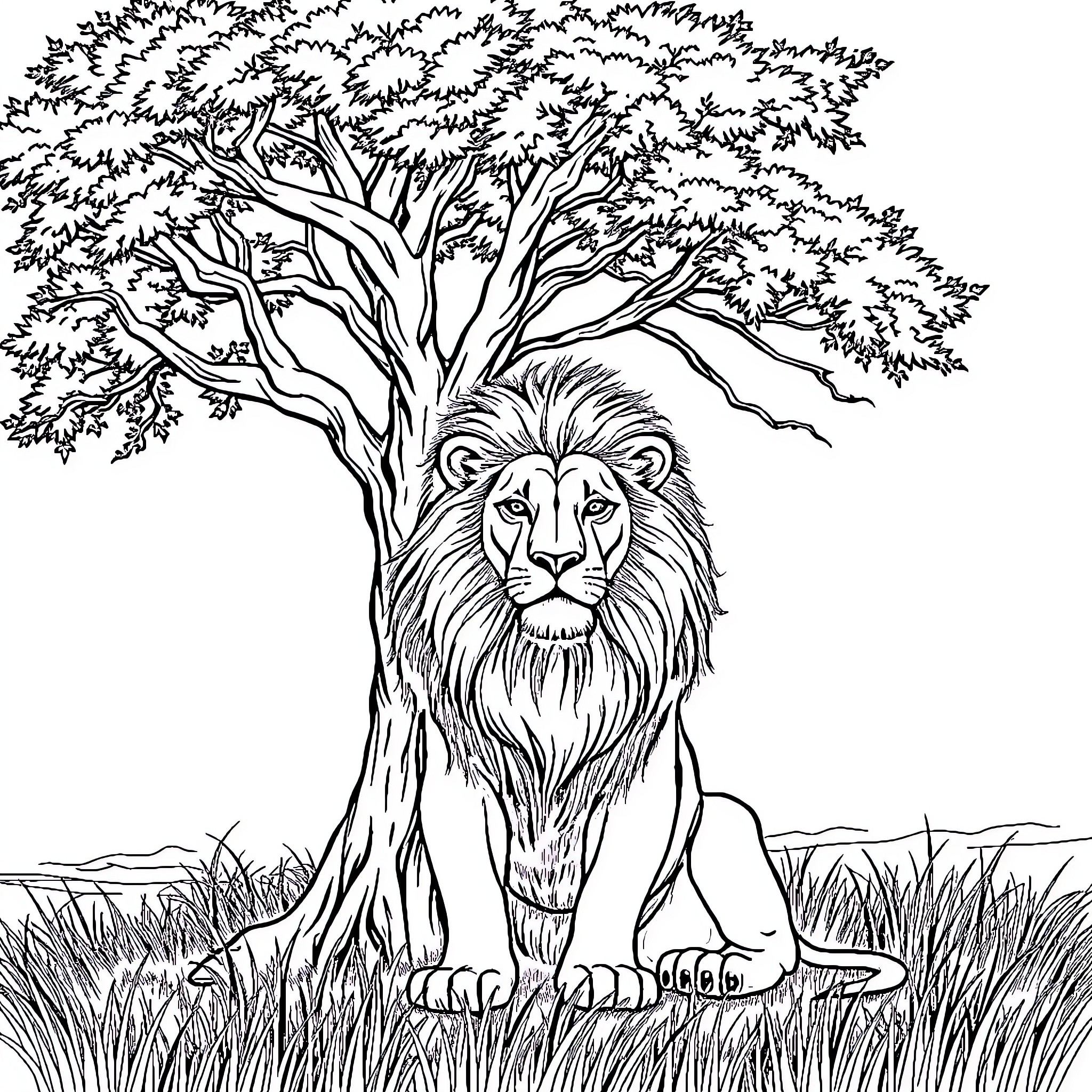 Lion resting under the shade of a large tree Coloring Page (free black-and-white line drawing printable PDF for all, from beginners to advanced learners, including children, teens, adults, and seniors)