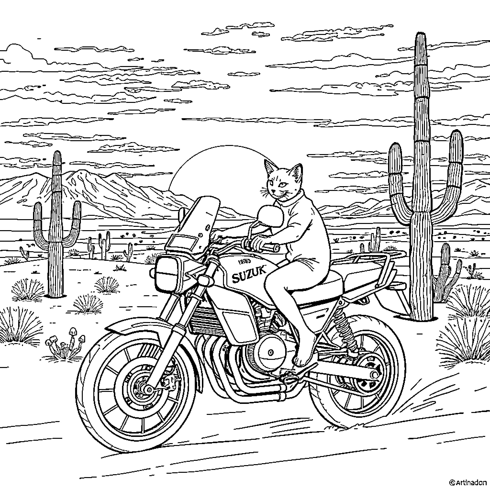 Cat riding motorcycle through desert landscape Coloring Page (free black-and-white line drawing printable PDF for all, from beginners to advanced learners, including children, teens, adults, and seniors)