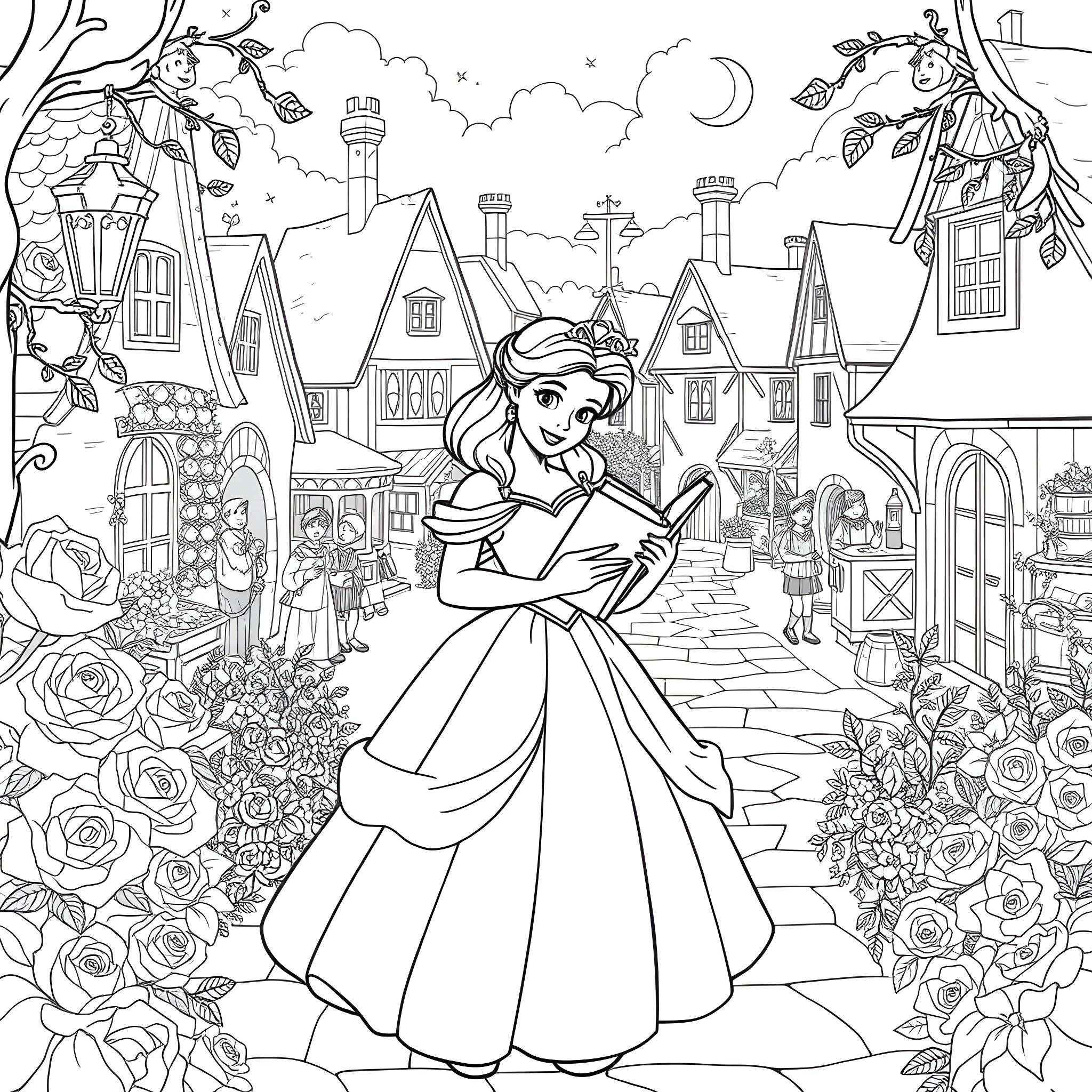 Belle's enchanting adventure in a whimsical town Coloring Page (free black-and-white line drawing printable PDF for all, from beginners to advanced learners, including children, teens, adults, and seniors)