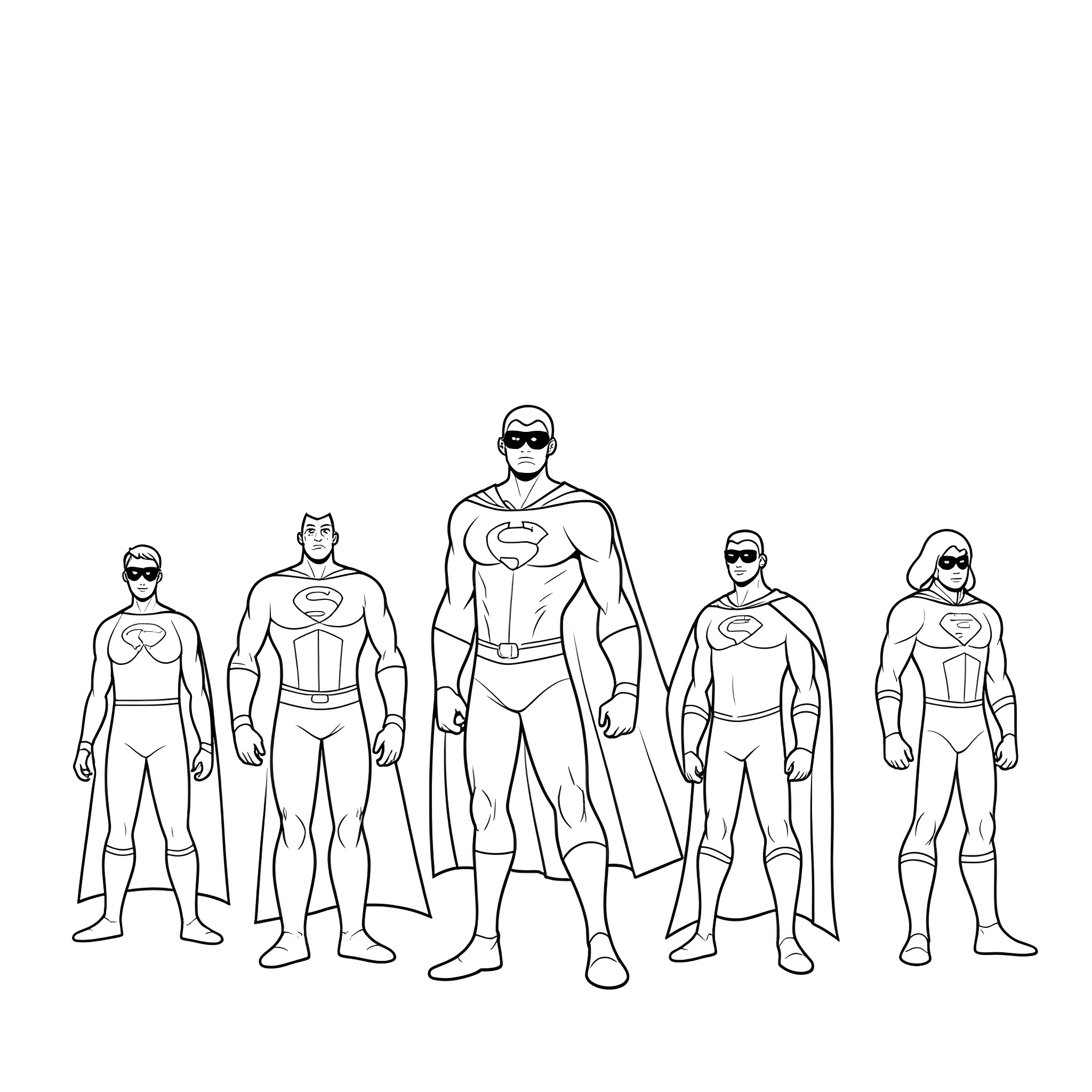 Superhero team in action-ready poses Coloring Page (free black-and-white line drawing printable PDF for all, from beginners to advanced learners, including children, teens, adults, and seniors)