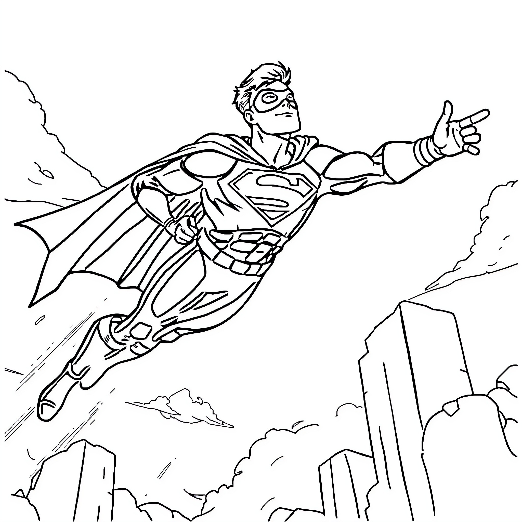 Super Hero Soaring through the City Skyline Coloring Page (free black-and-white line drawing printable PDF for all, from beginners to advanced learners, including children, teens, adults, and seniors)
