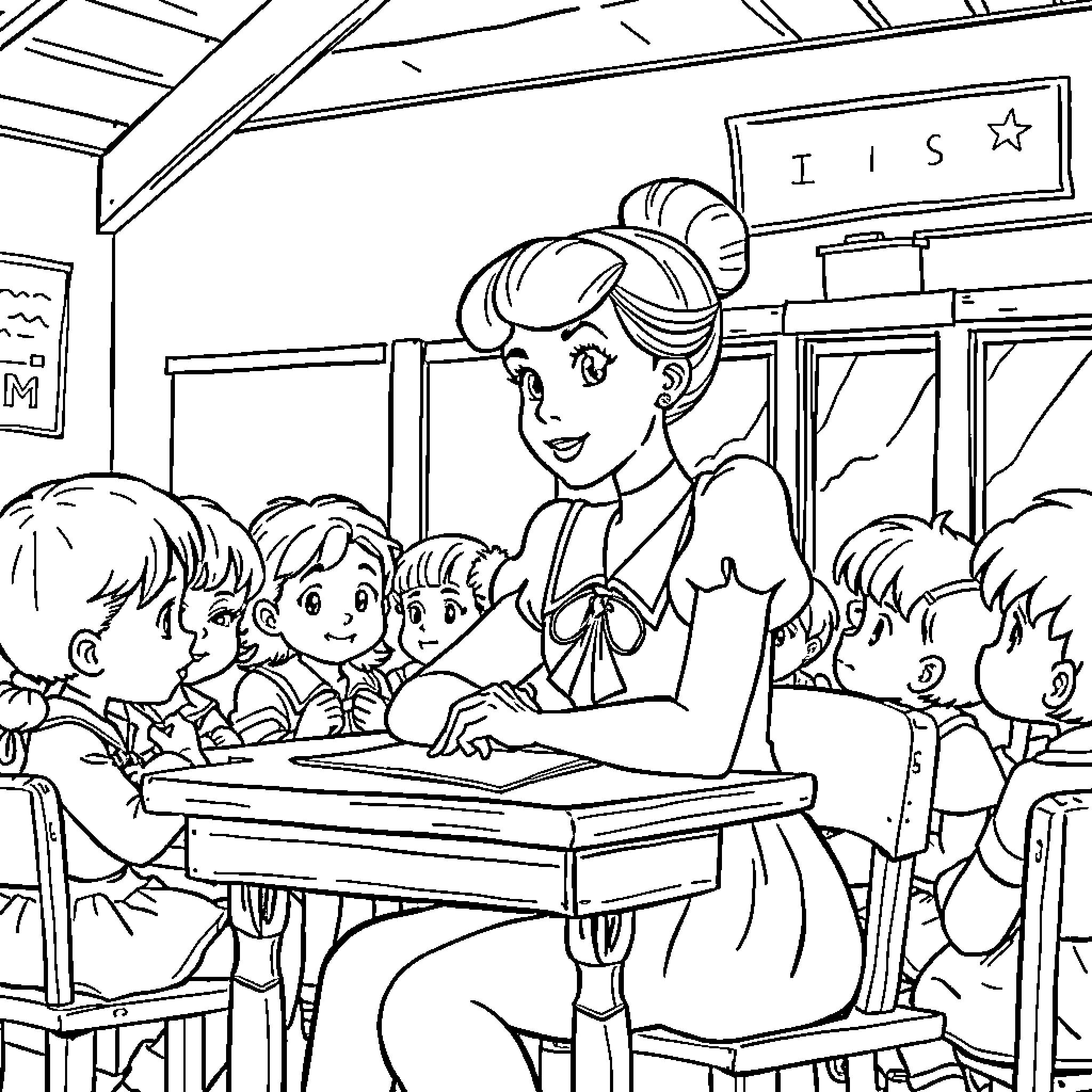 Cinderella teaching children in a classroom setting Coloring Page (free black-and-white line drawing printable PDF for all, from beginners to advanced learners, including children, teens, adults, and seniors)