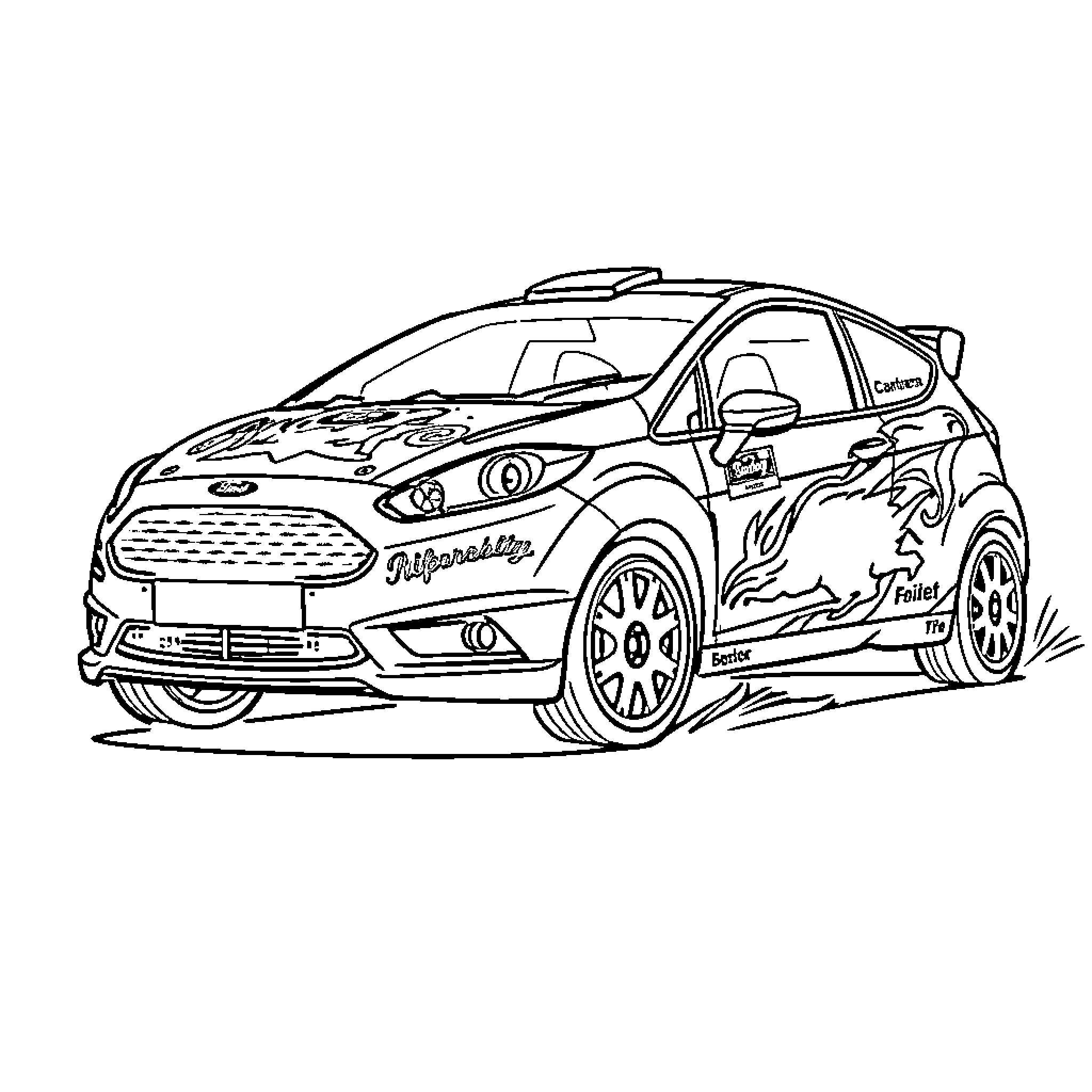 Ford Fiesta rally car in action Coloring Page (free black-and-white line drawing printable PDF for all, from beginners to advanced learners, including children, teens, adults, and seniors)