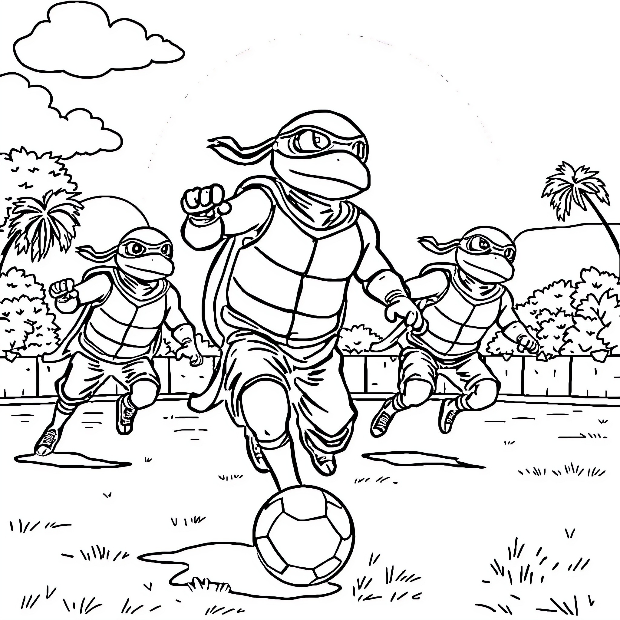 Ninja Turtles playing with a soccer ball Coloring Page (free black-and-white line drawing printable PDF for all, from beginners to advanced learners, including children, teens, adults, and seniors)