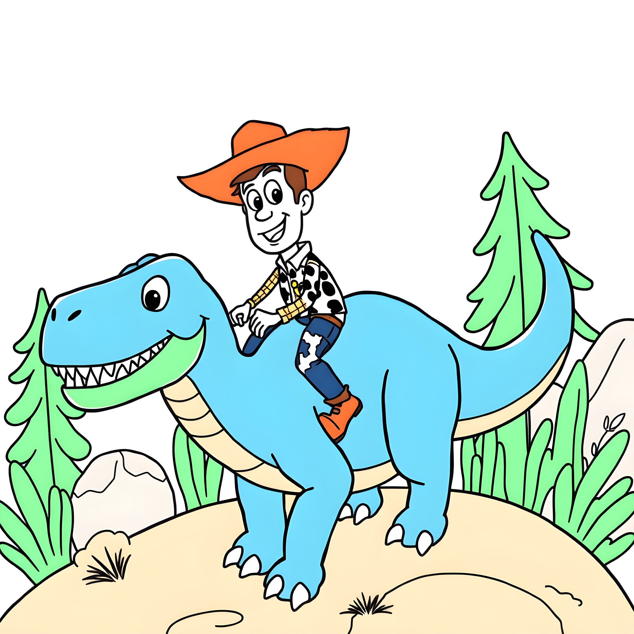 Woody riding a playful dinosaur in the forest Coloring Page (free black-and-white line drawing printable PDF for all, from beginners to advanced learners, including children, teens, adults, and seniors)