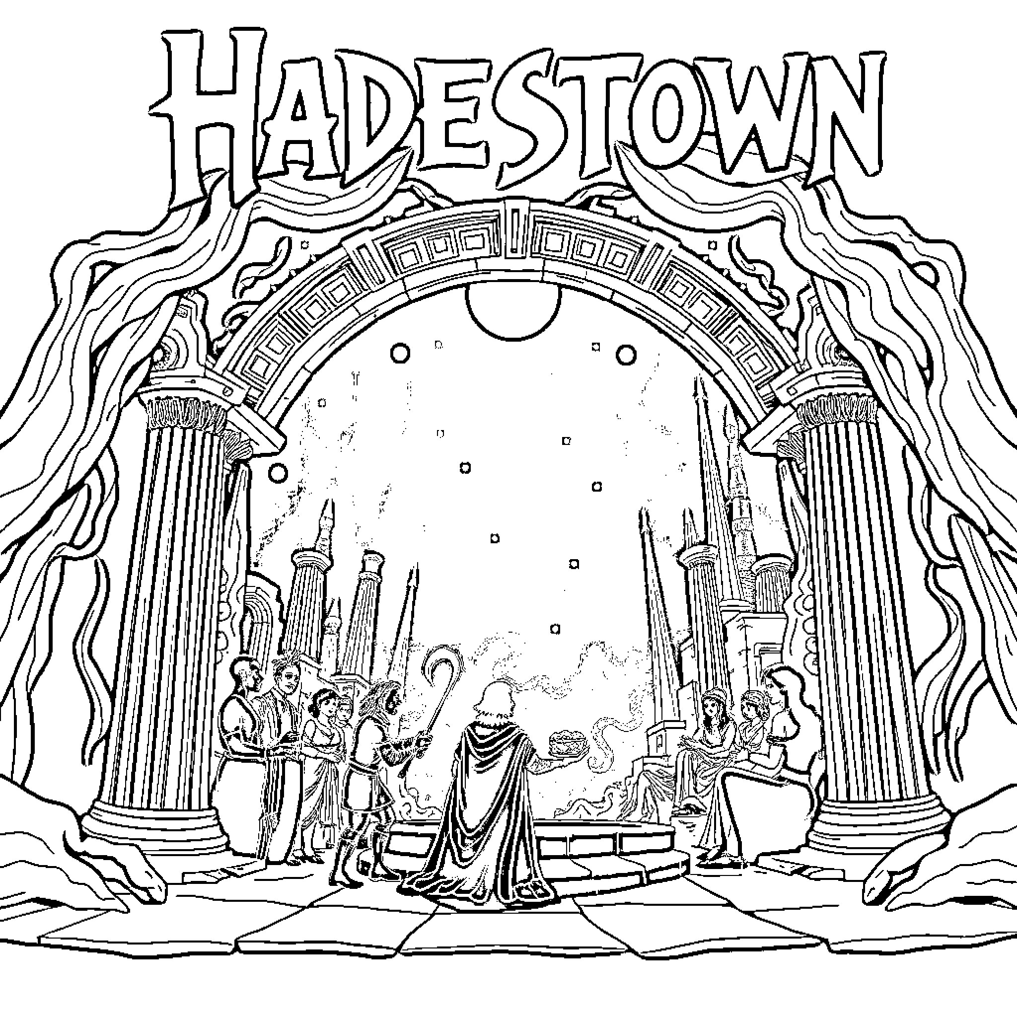 Hadestown: Characters Gathered in a Mystical Scene Coloring Page (free black-and-white line drawing printable PDF for all, from beginners to advanced learners, including children, teens, adults, and seniors)