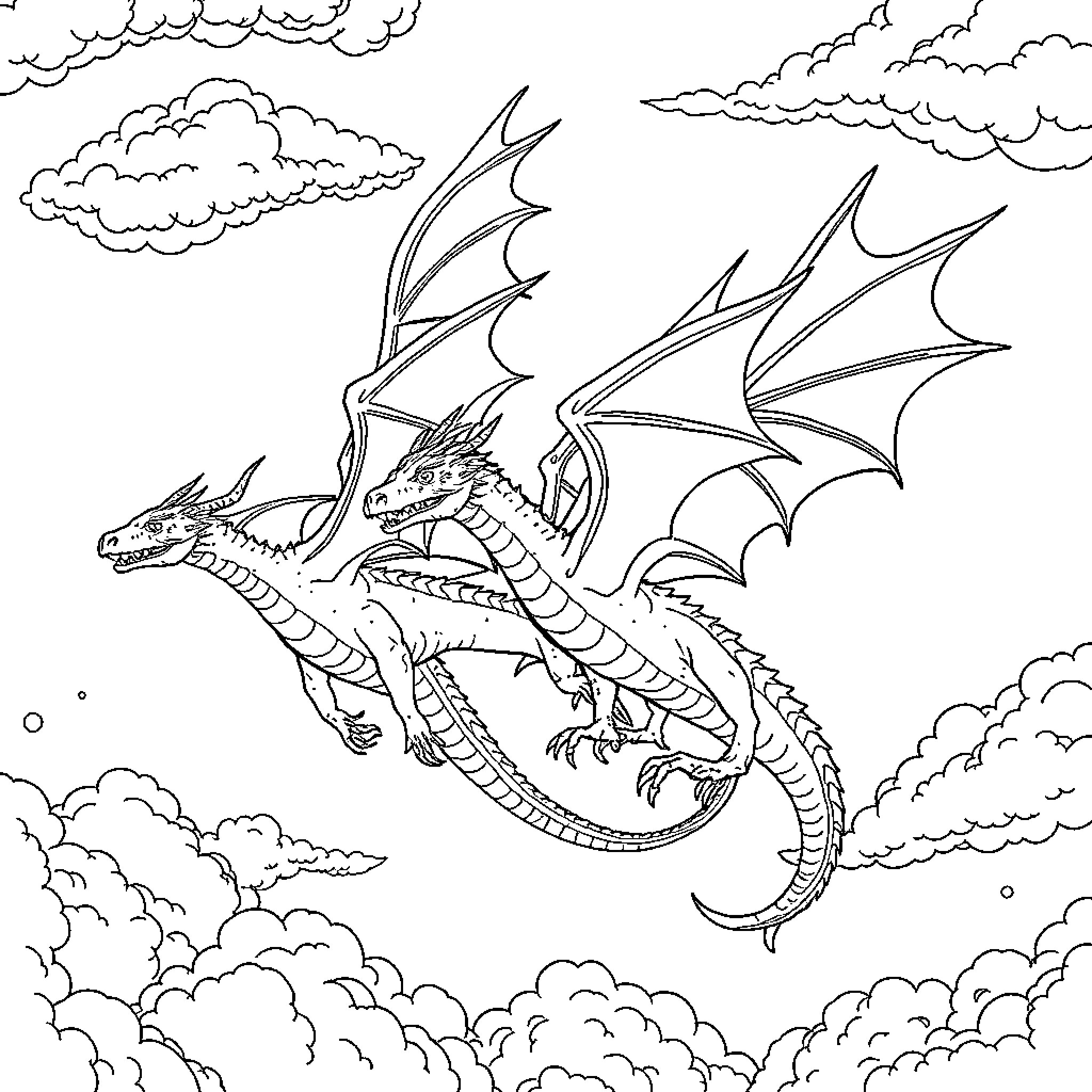 Dragon soaring through the cloudy sky Coloring Page (free black-and-white line drawing printable PDF for all, from beginners to advanced learners, including children, teens, adults, and seniors)