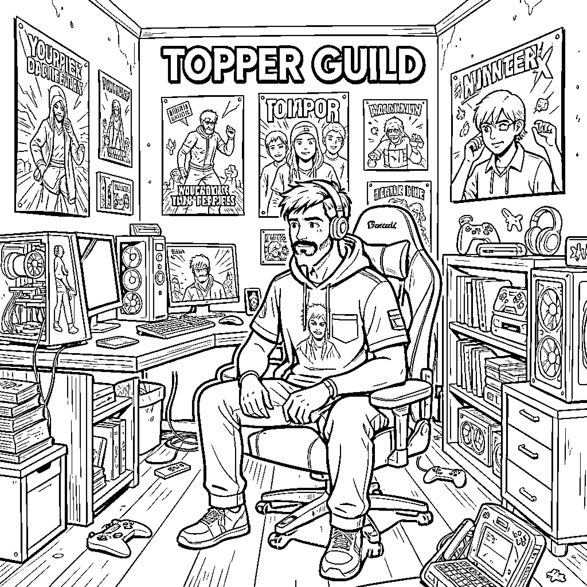Topper Guild gamer sitting in a room with posters Coloring Page (free black-and-white line drawing printable PDF for all, from beginners to advanced learners, including children, teens, adults, and seniors)