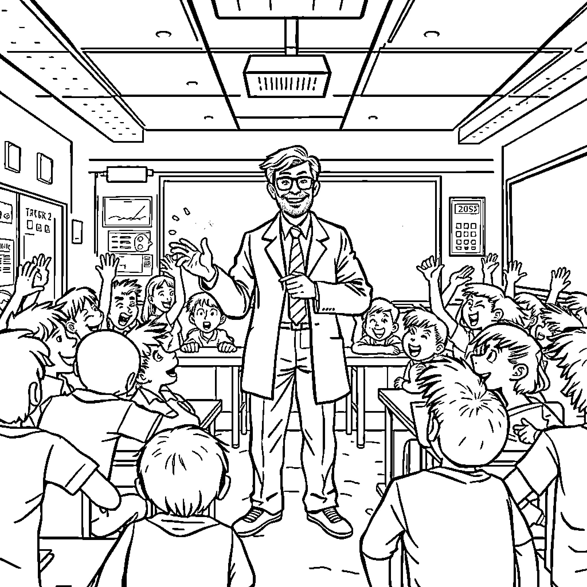 Science Teacher Engaging Enthusiastic Students in Classroom Coloring Page (free black-and-white line drawing printable PDF for all, from beginners to advanced learners, including children, teens, adults, and seniors)