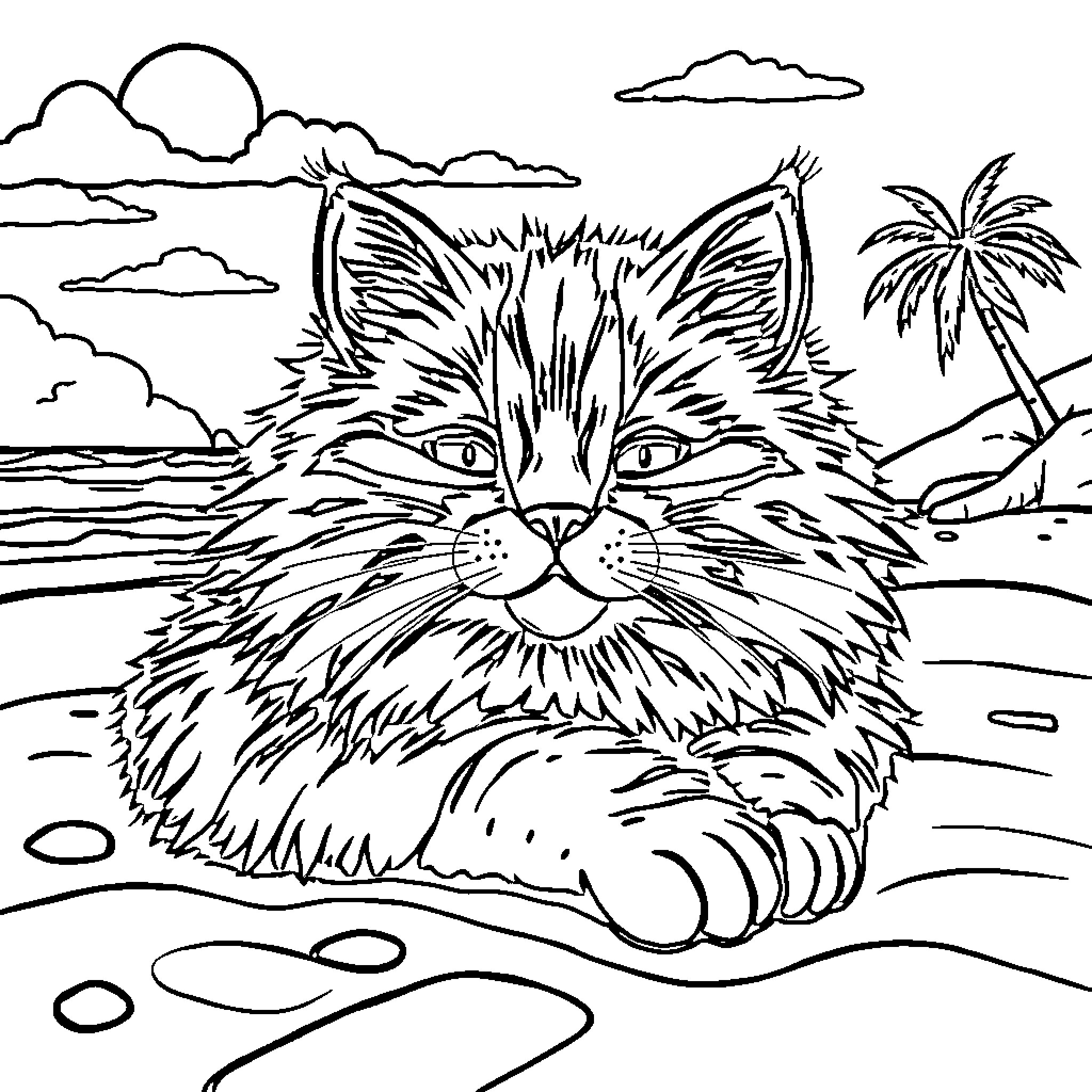 Cat gazing peacefully in tropical beach scene Coloring Page (free black-and-white line drawing printable PDF for all, from beginners to advanced learners, including children, teens, adults, and seniors)