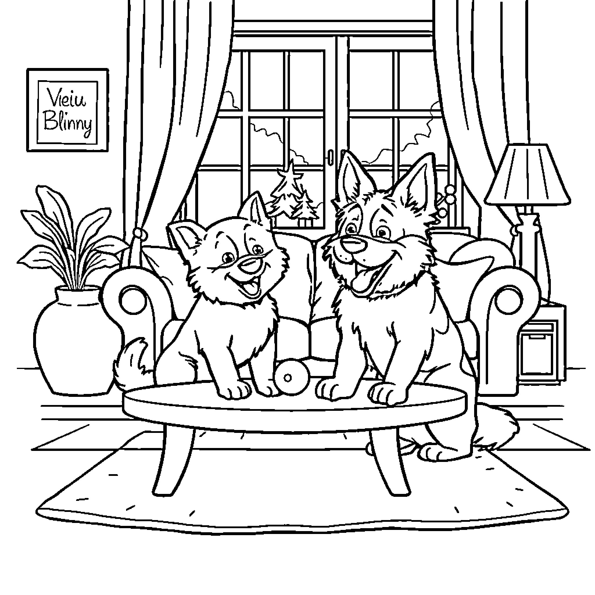 Bluey and friends enjoying a cozy indoor scene Coloring Page (free black-and-white line drawing printable PDF for all, from beginners to advanced learners, including children, teens, adults, and seniors)