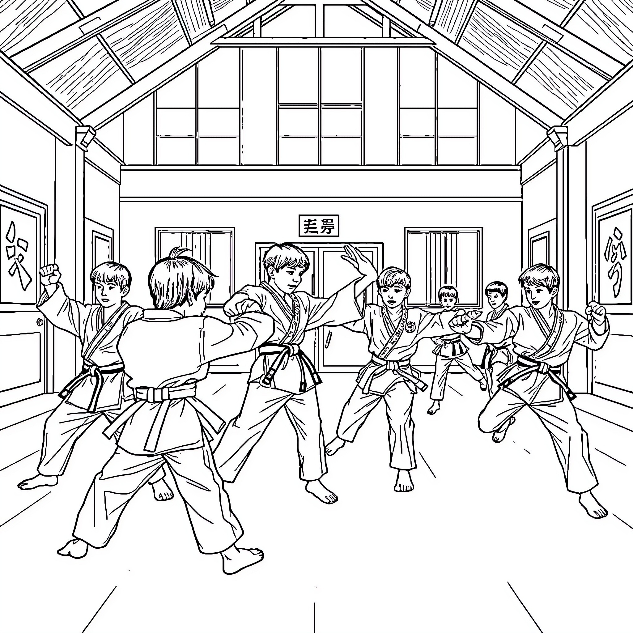 Taekwondo athletes in action at the training hall Coloring Page (free black-and-white line drawing printable PDF for all, from beginners to advanced learners, including children, teens, adults, and seniors)
