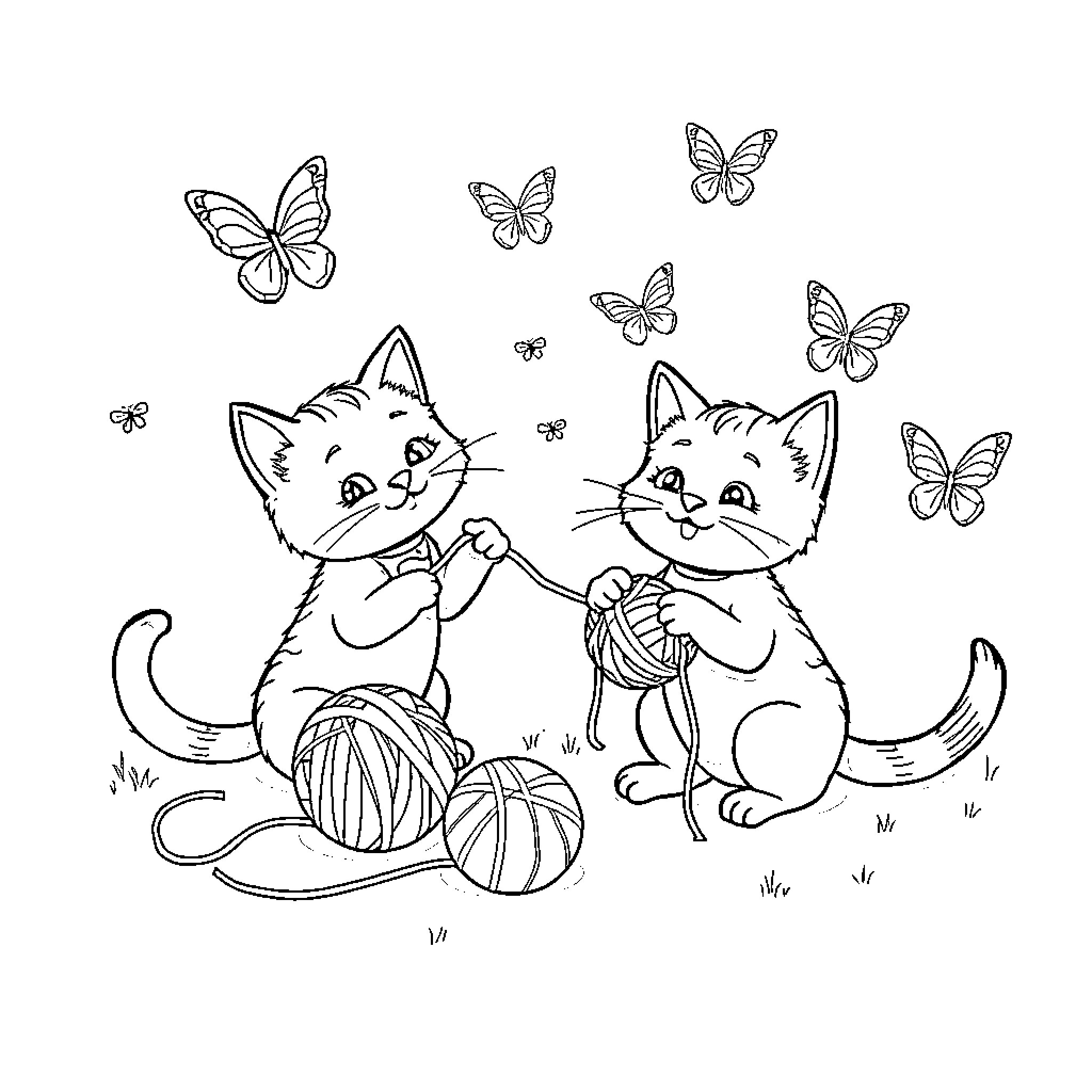 Cats playing with yarn and butterflies Coloring Page (free black-and-white line drawing printable PDF for all, from beginners to advanced learners, including children, teens, adults, and seniors)