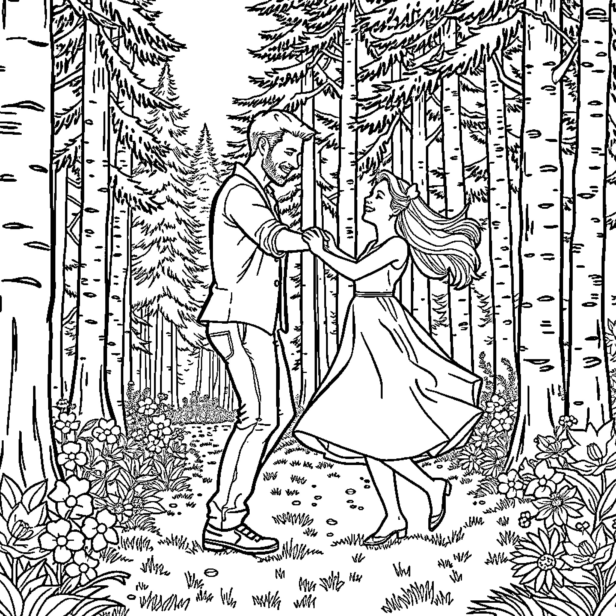 Father and Daughter Dancing in the Forest Coloring Page (free black-and-white line drawing printable PDF for all, from beginners to advanced learners, including children, teens, adults, and seniors)