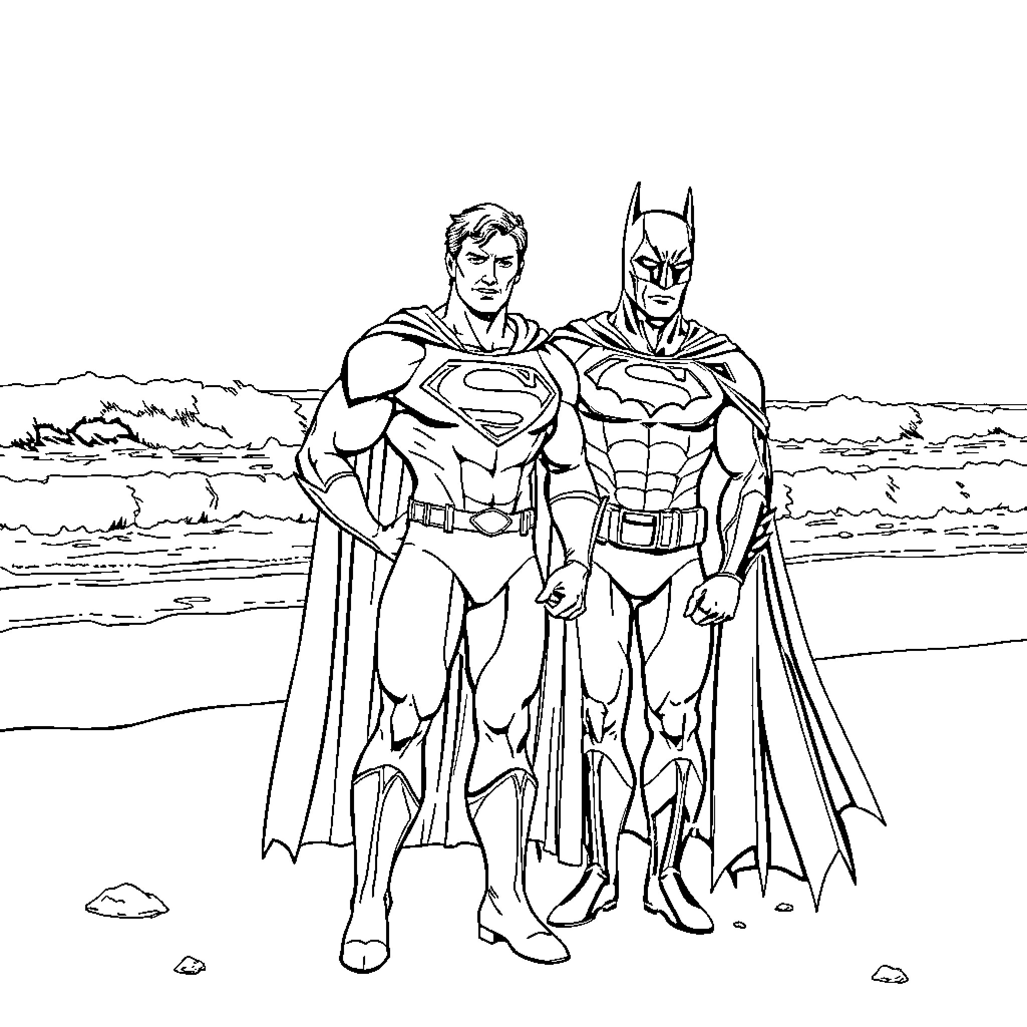 Superman and Batman standing together heroically Coloring Page (free black-and-white line drawing printable PDF for all, from beginners to advanced learners, including children, teens, adults, and seniors)