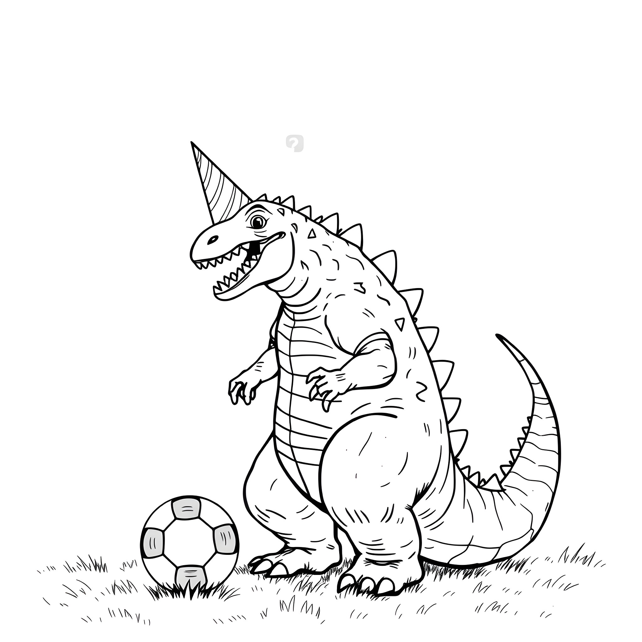 Godzilla playing with a soccer ball in the park Coloring Page (free black-and-white line drawing printable PDF for all, from beginners to advanced learners, including children, teens, adults, and seniors)