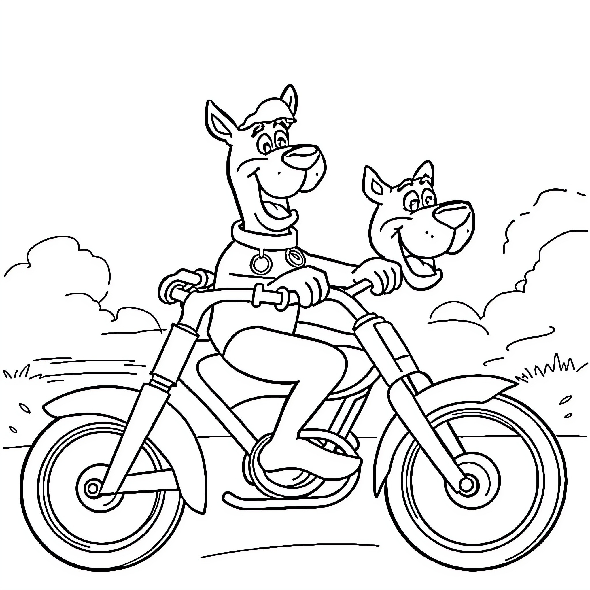 Scooby Doo and Scrappy Doo ride on motorcycle Coloring Page (free black-and-white line drawing printable PDF for all, from beginners to advanced learners, including children, teens, adults, and seniors)
