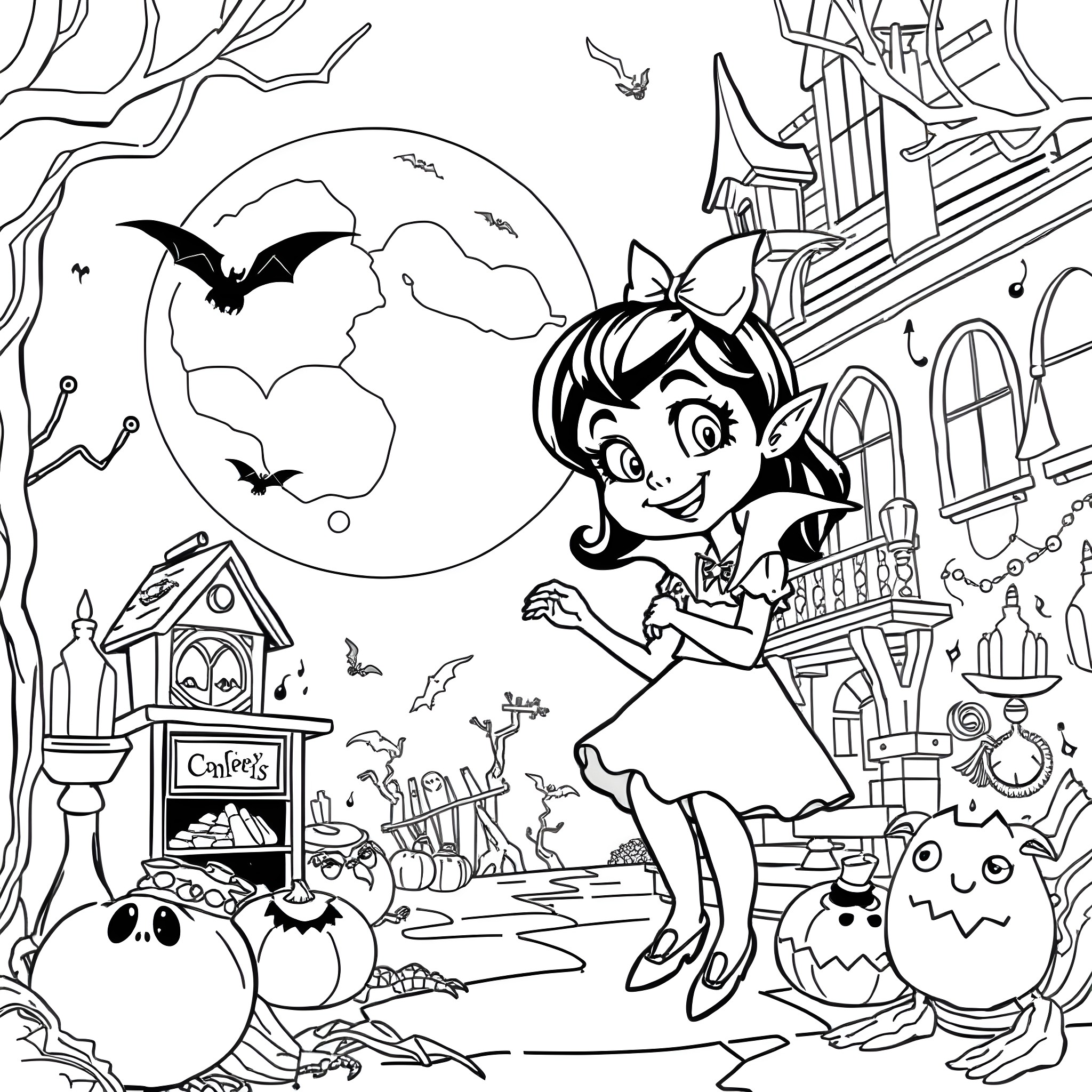 Vampirina exploring the spooky Halloween town Coloring Page (free black-and-white line drawing printable PDF for all, from beginners to advanced learners, including children, teens, adults, and seniors)