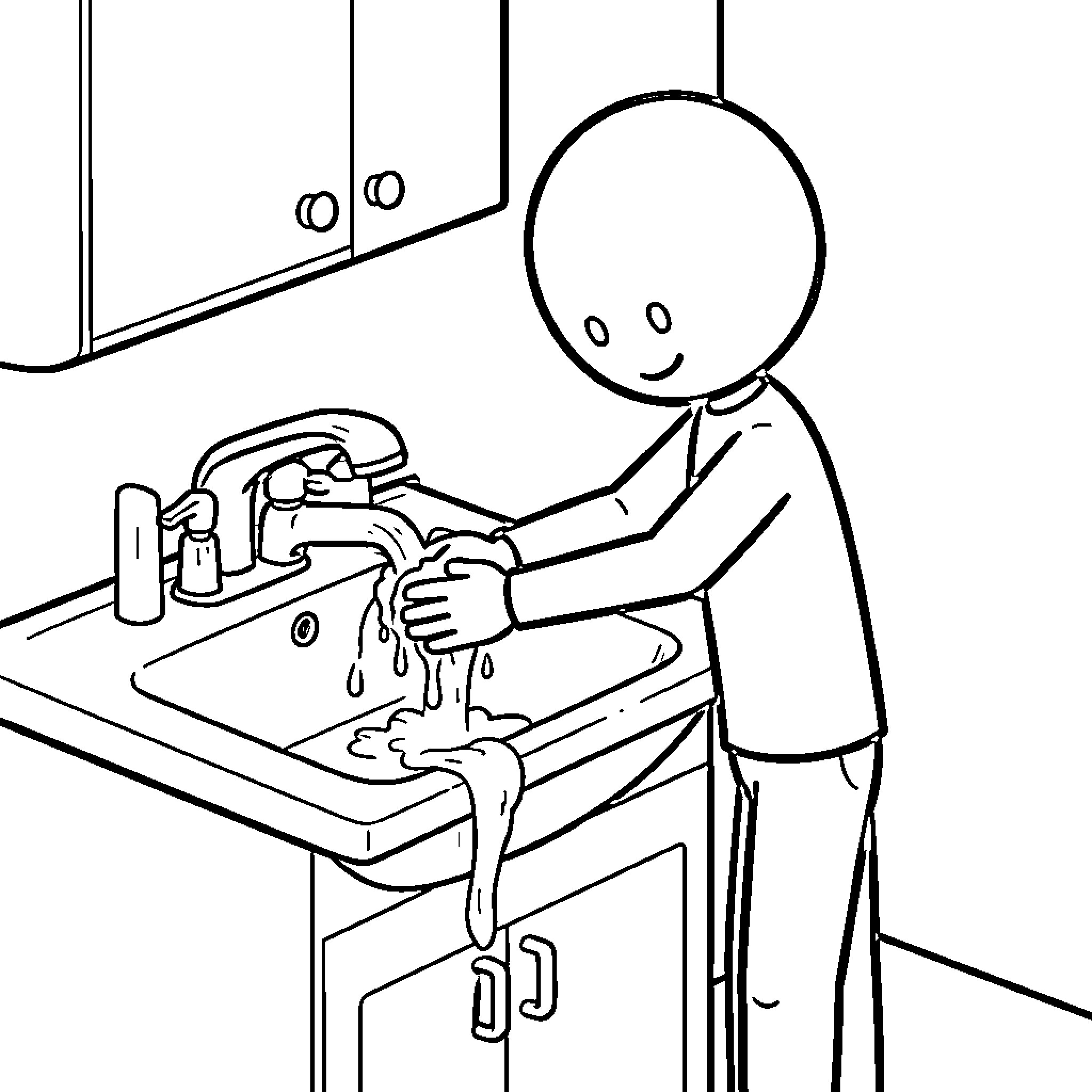 Stick Figure washing hands at a kitchen sink Coloring Page (free black-and-white line drawing printable PDF for all, from beginners to advanced learners, including children, teens, adults, and seniors)