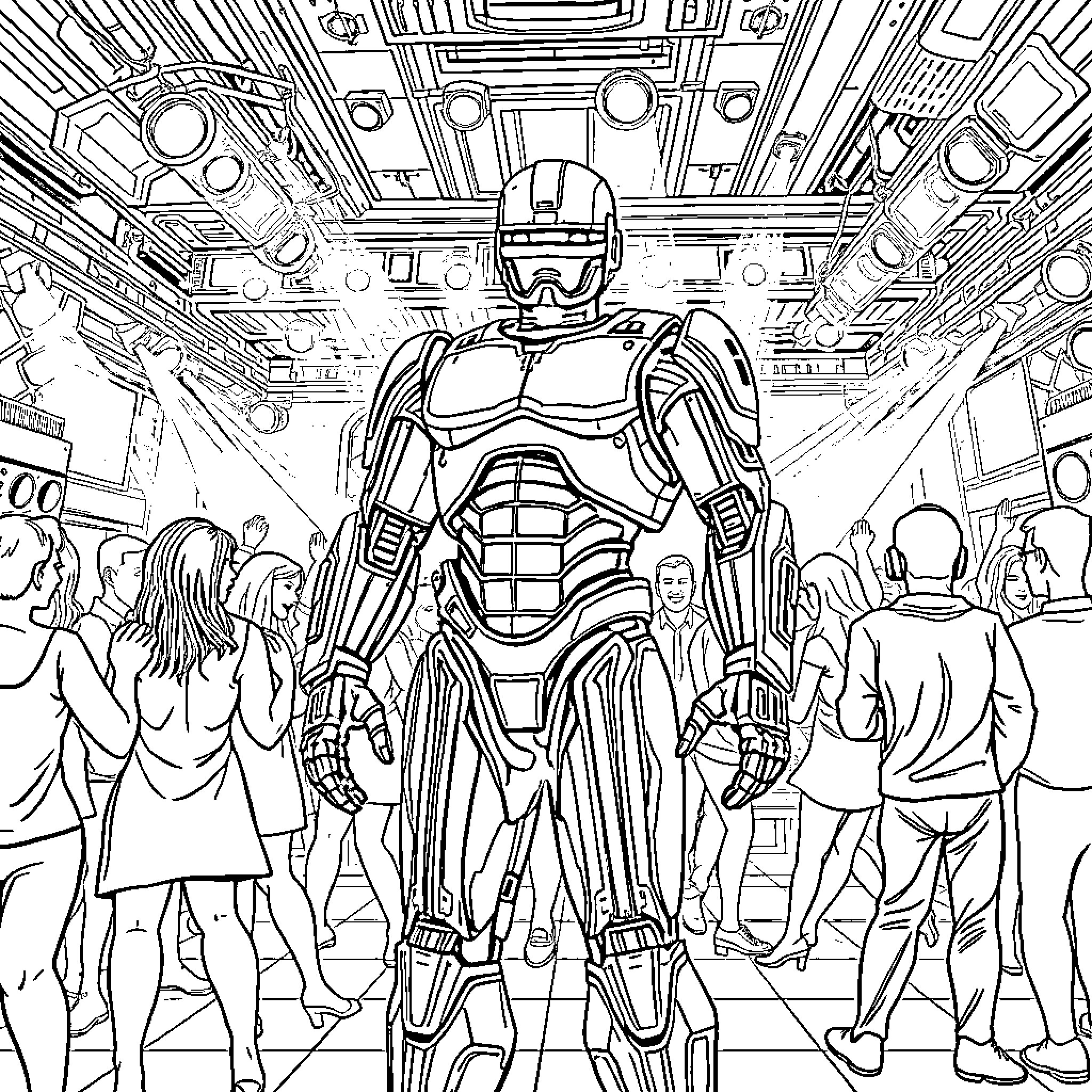 Robocop surveys the futuristic crowd Coloring Page (free black-and-white line drawing printable PDF for all, from beginners to advanced learners, including children, teens, adults, and seniors)