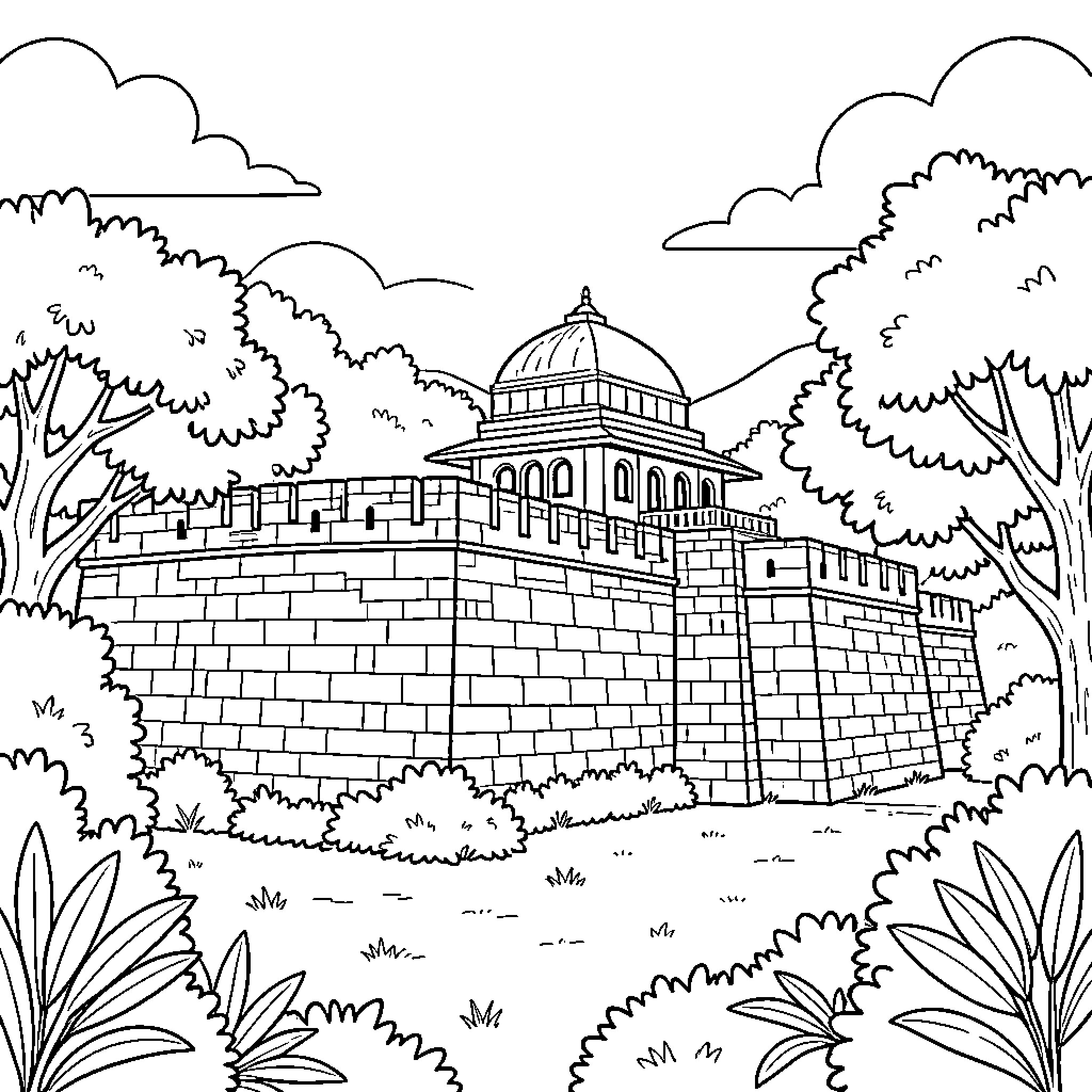Fort with Intricate Architecture Amid Lush Greenery Coloring Page (free black-and-white line drawing printable PDF for all, from beginners to advanced learners, including children, teens, adults, and seniors)