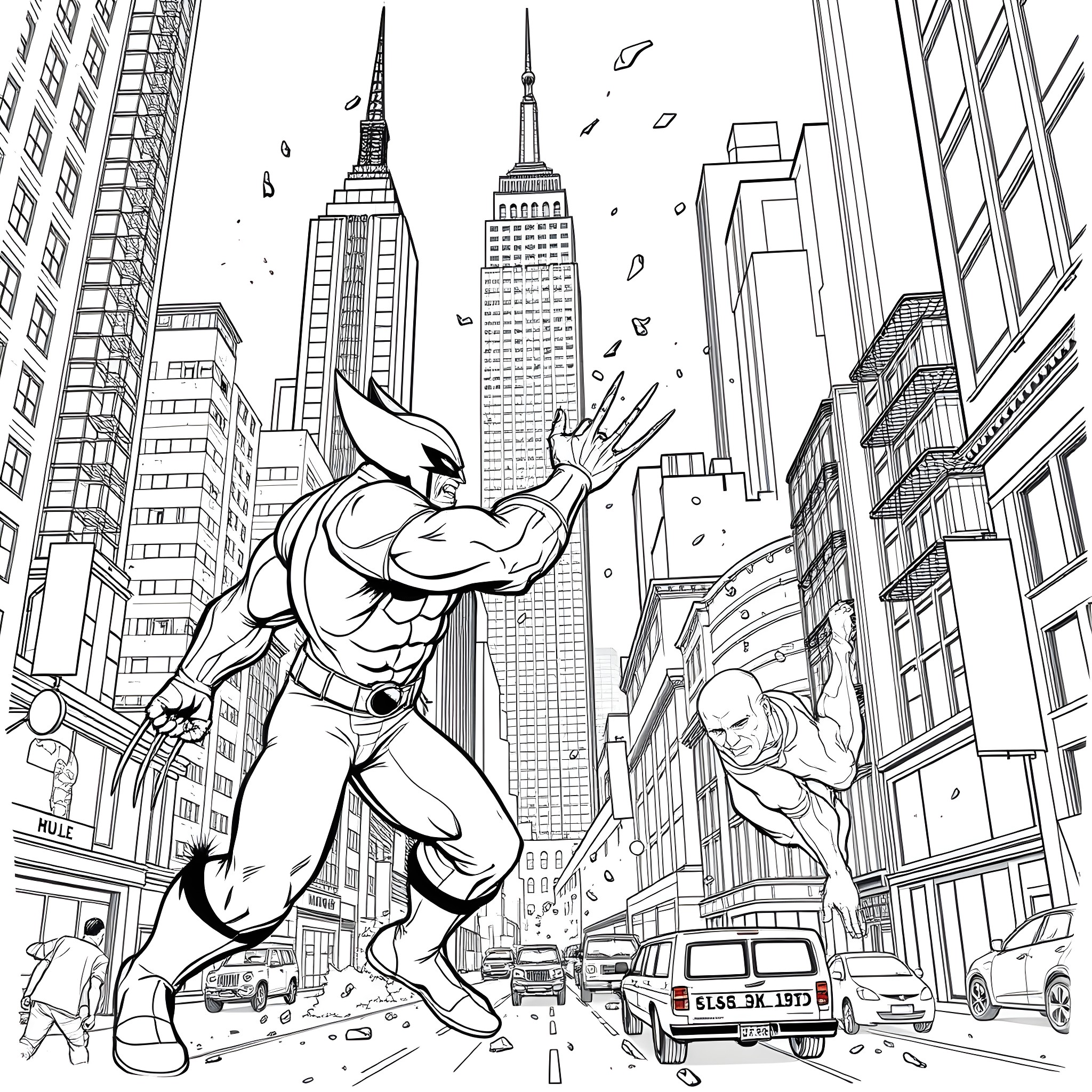 Wolverine battles villains in a bustling city Coloring Page (free black-and-white line drawing printable PDF for all, from beginners to advanced learners, including children, teens, adults, and seniors)