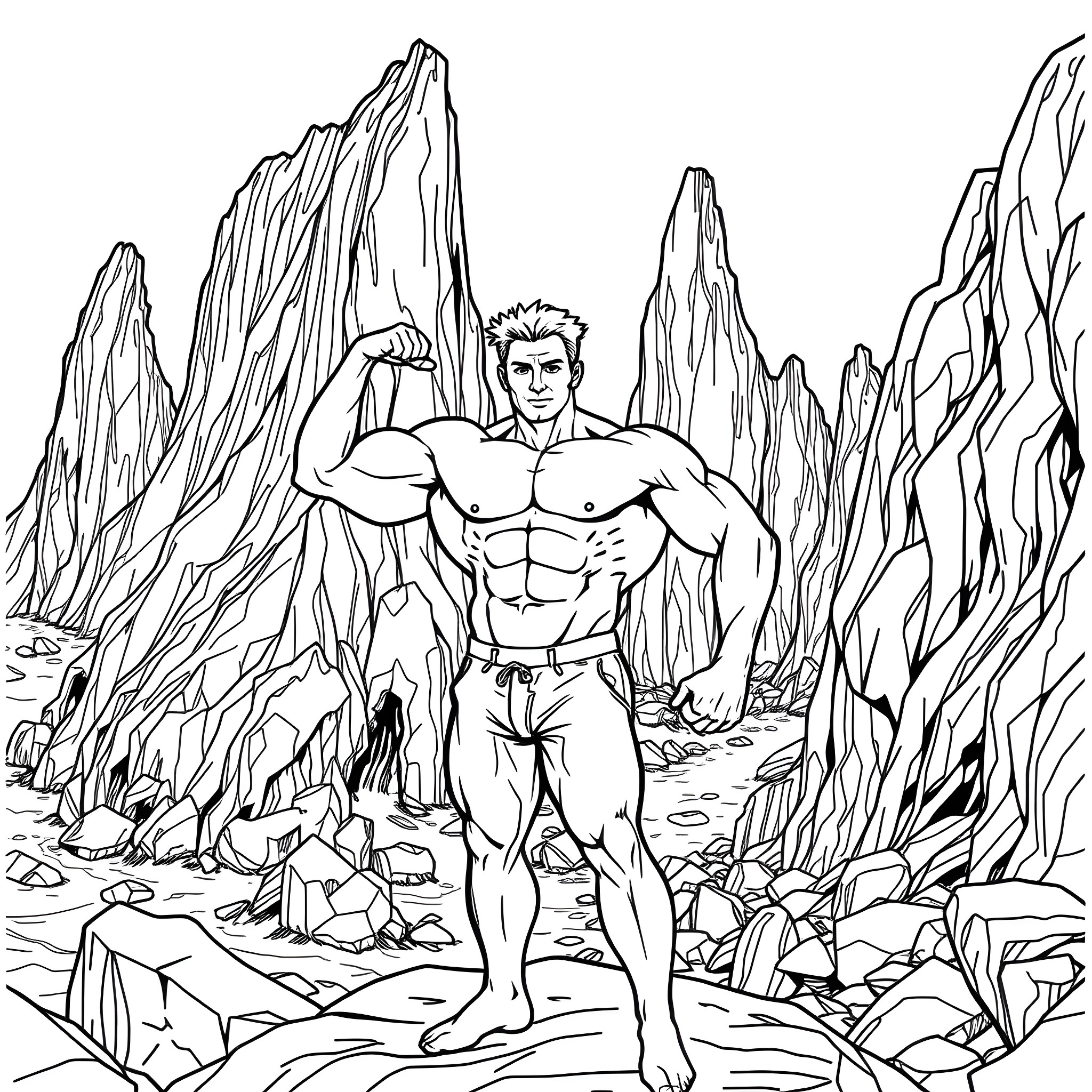 Bodybuilder flexing in a rugged mountain landscape Coloring Page (free black-and-white line drawing printable PDF for all, from beginners to advanced learners, including children, teens, adults, and seniors)