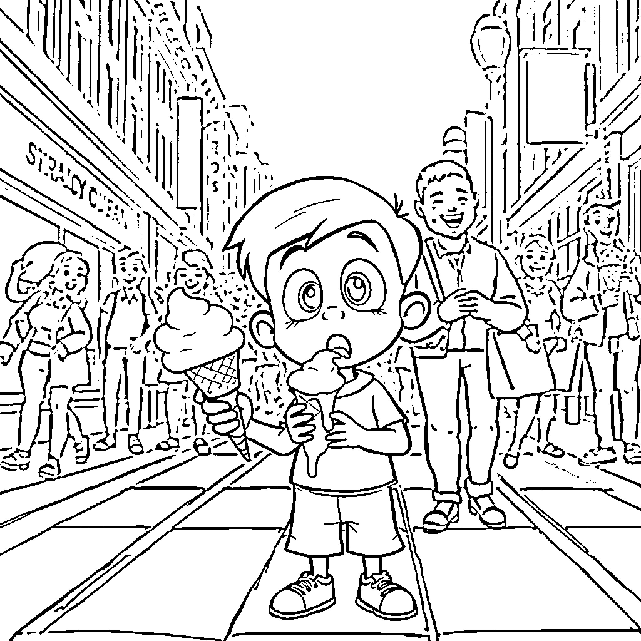 Boy Enjoying Ice Cream on a Busy City Street Coloring Page (free black-and-white line drawing printable PDF for all, from beginners to advanced learners, including children, teens, adults, and seniors)