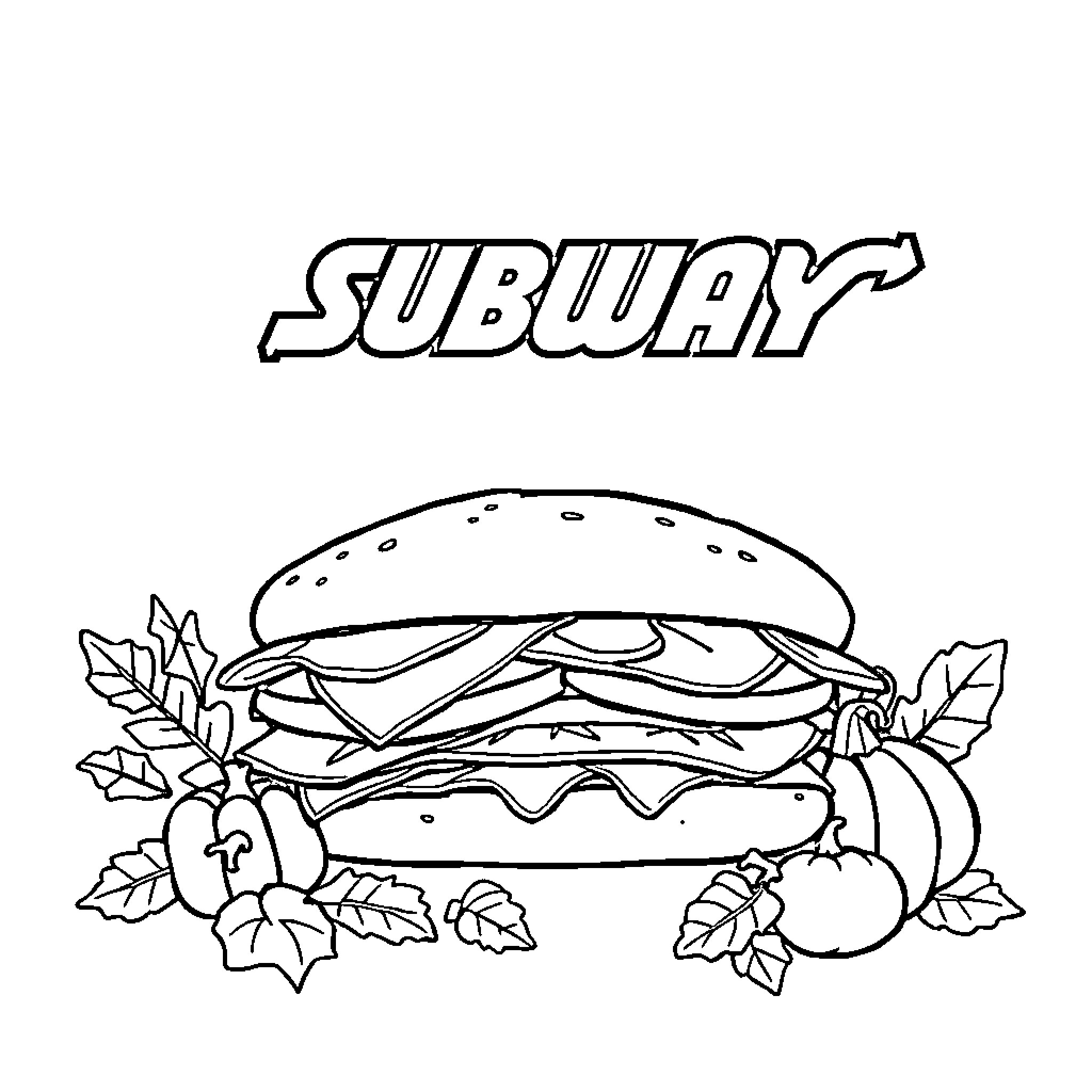 Subway sandwich with leafy garnish Coloring Page (free black-and-white line drawing printable PDF for all, from beginners to advanced learners, including children, teens, adults, and seniors)