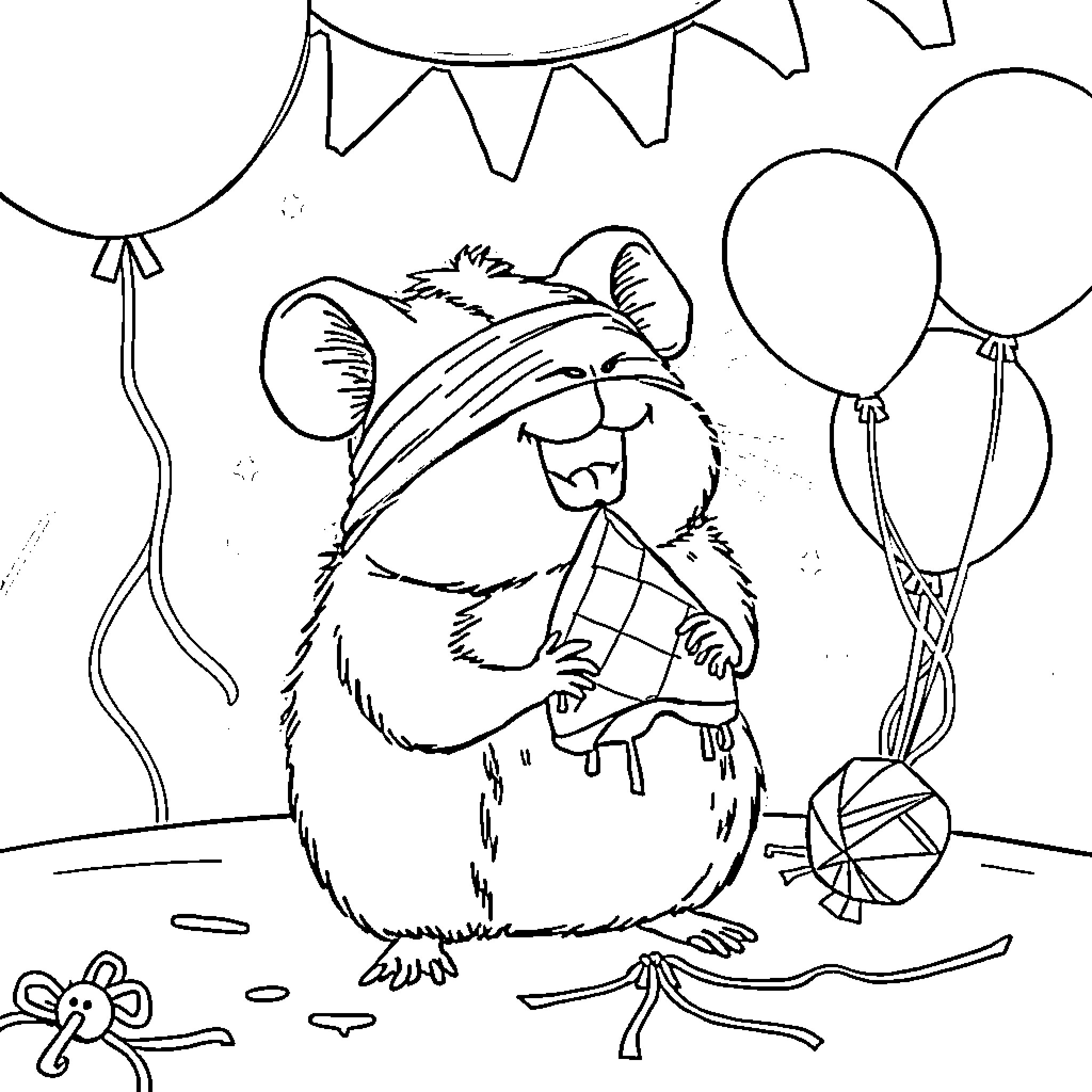Guinea Pig Celebrating with Balloons and Party Decorations Coloring Page (free black-and-white line drawing printable PDF for all, from beginners to advanced learners, including children, teens, adults, and seniors)
