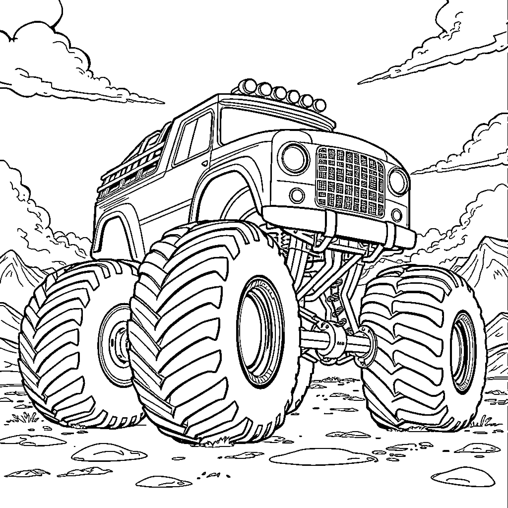 Monster Truck Adventuring Through Rugged Terrain Coloring Page (free black-and-white line drawing printable PDF for all, from beginners to advanced learners, including children, teens, adults, and seniors)