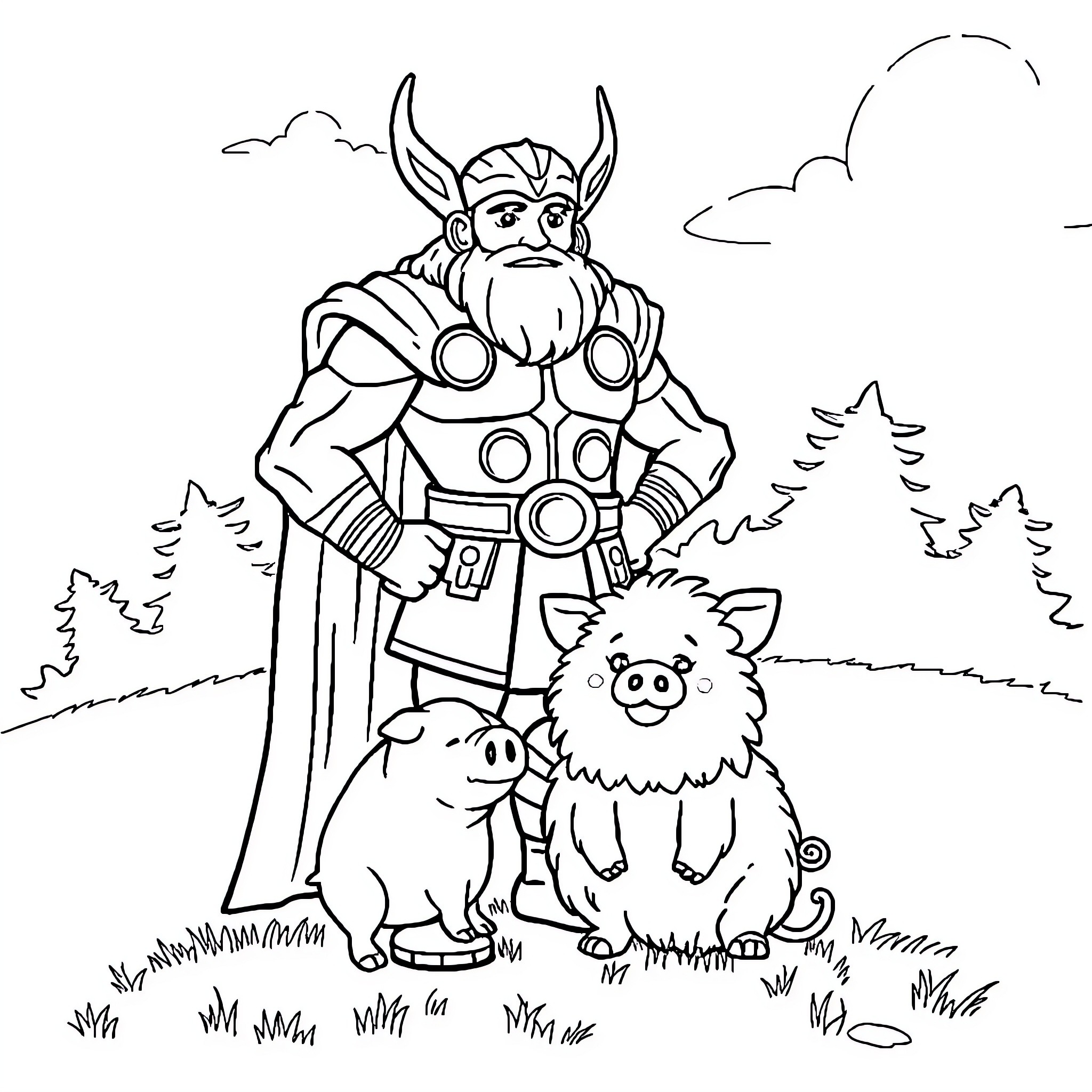 Thor and his furry companion in the wilderness Coloring Page (free black-and-white line drawing printable PDF for all, from beginners to advanced learners, including children, teens, adults, and seniors)