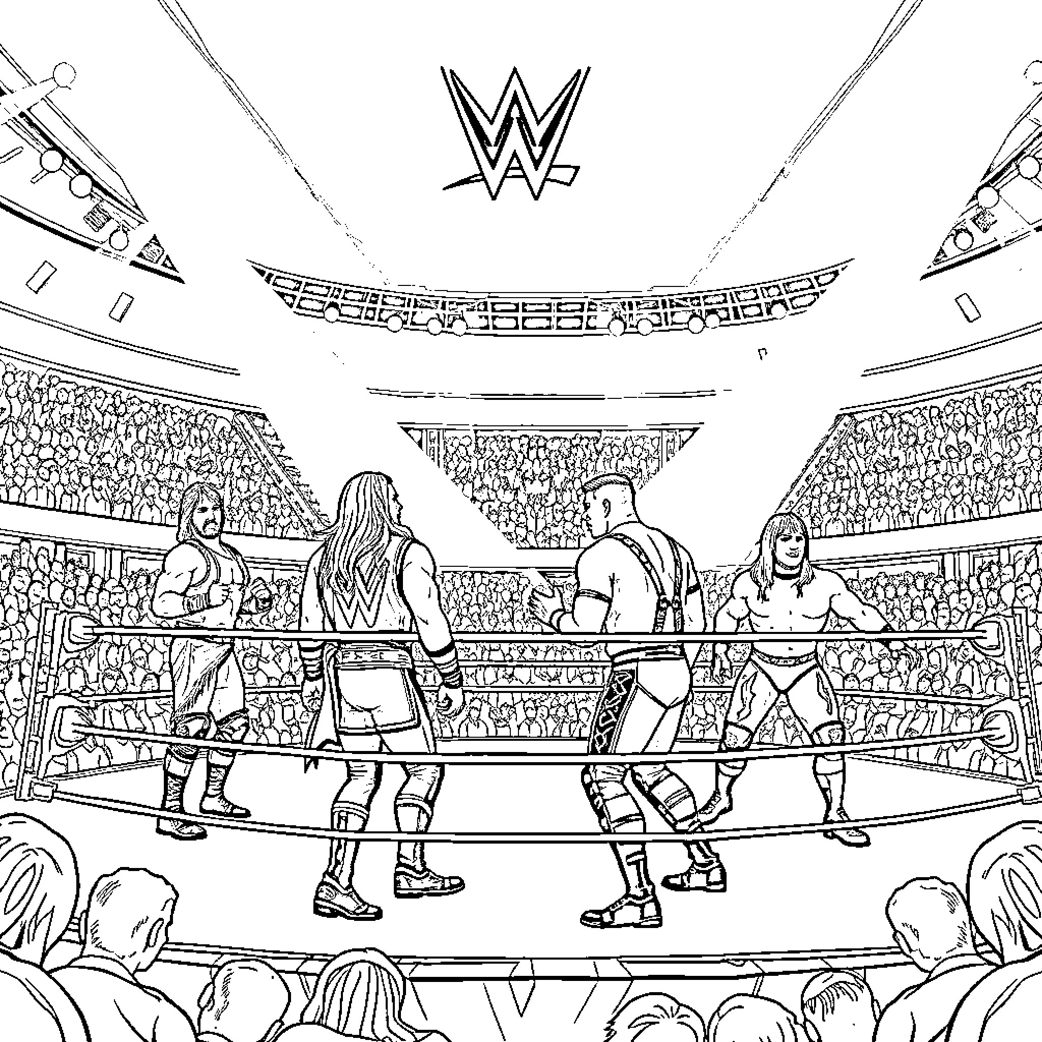 WWE Wrestlers Battling in the Ring Coloring Page (free black-and-white line drawing printable PDF for all, from beginners to advanced learners, including children, teens, adults, and seniors)