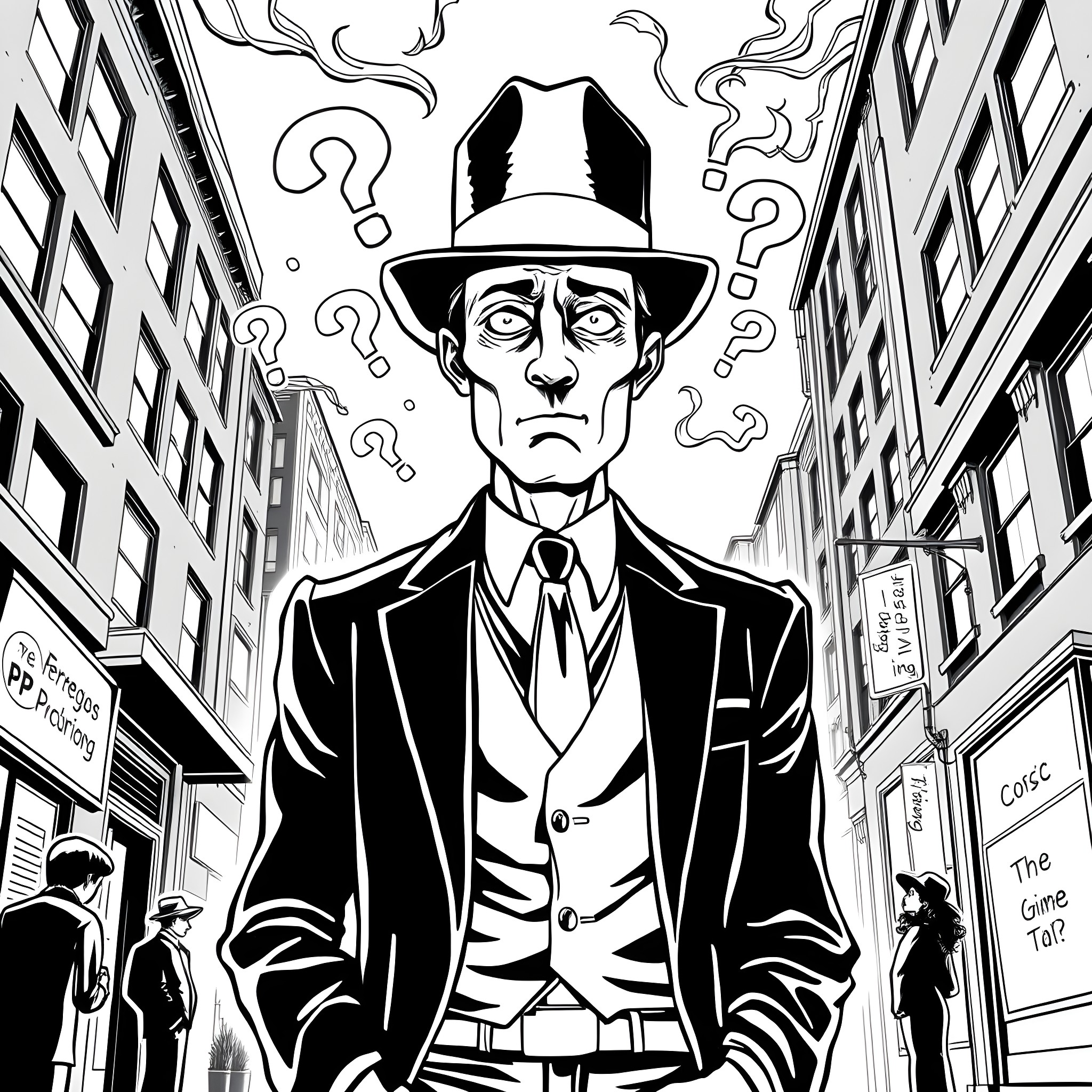 Riddler in a puzzling city scene Coloring Page (free black-and-white line drawing printable PDF for all, from beginners to advanced learners, including children, teens, adults, and seniors)