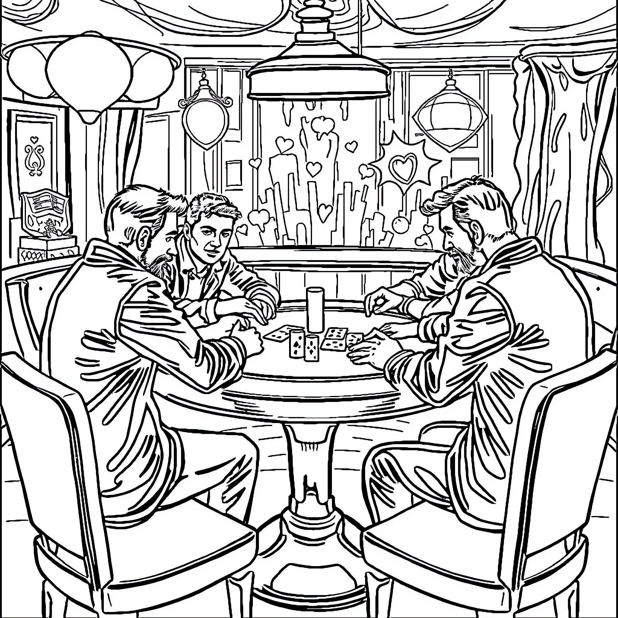 Poker Game in Vintage-Styled Bar or Lounge Coloring Page (free black-and-white line drawing printable PDF for all, from beginners to advanced learners, including children, teens, adults, and seniors)