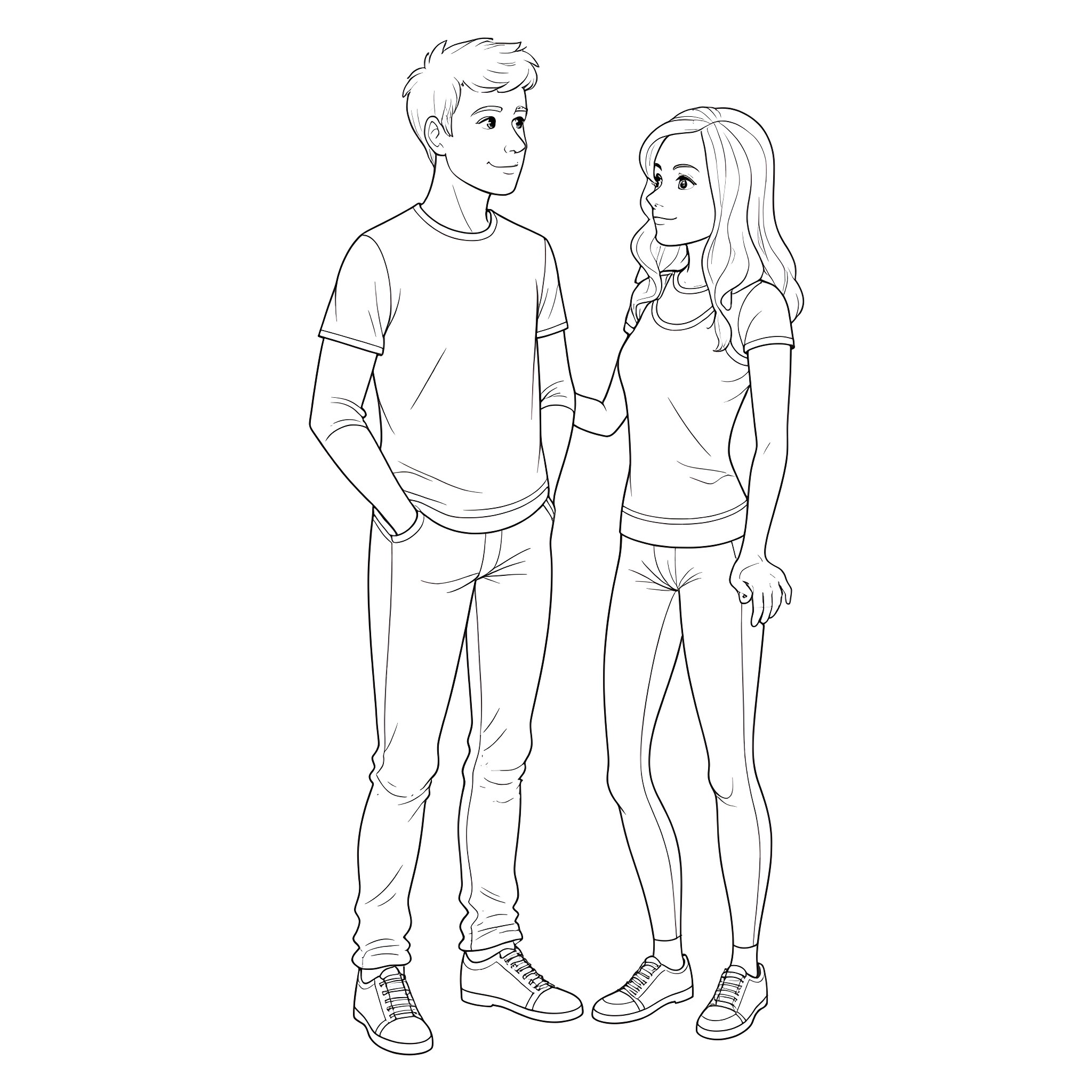 Peter and Gwen in casual outfits Coloring Page (free black-and-white line drawing printable PDF for all, from beginners to advanced learners, including children, teens, adults, and seniors)