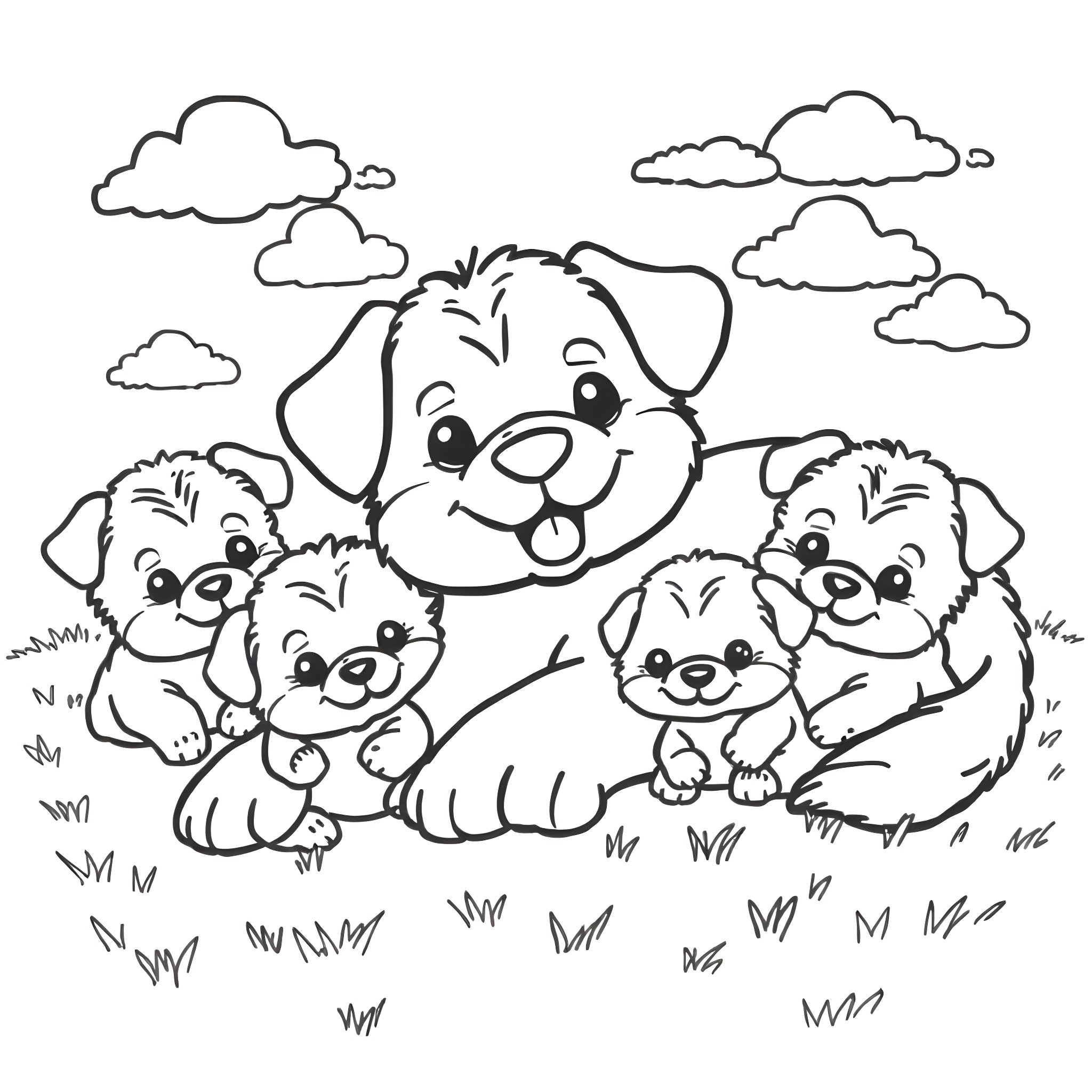 Dog and Puppies Happily Playing in the Grass Coloring Page (free black-and-white line drawing printable PDF for all, from beginners to advanced learners, including children, teens, adults, and seniors)
